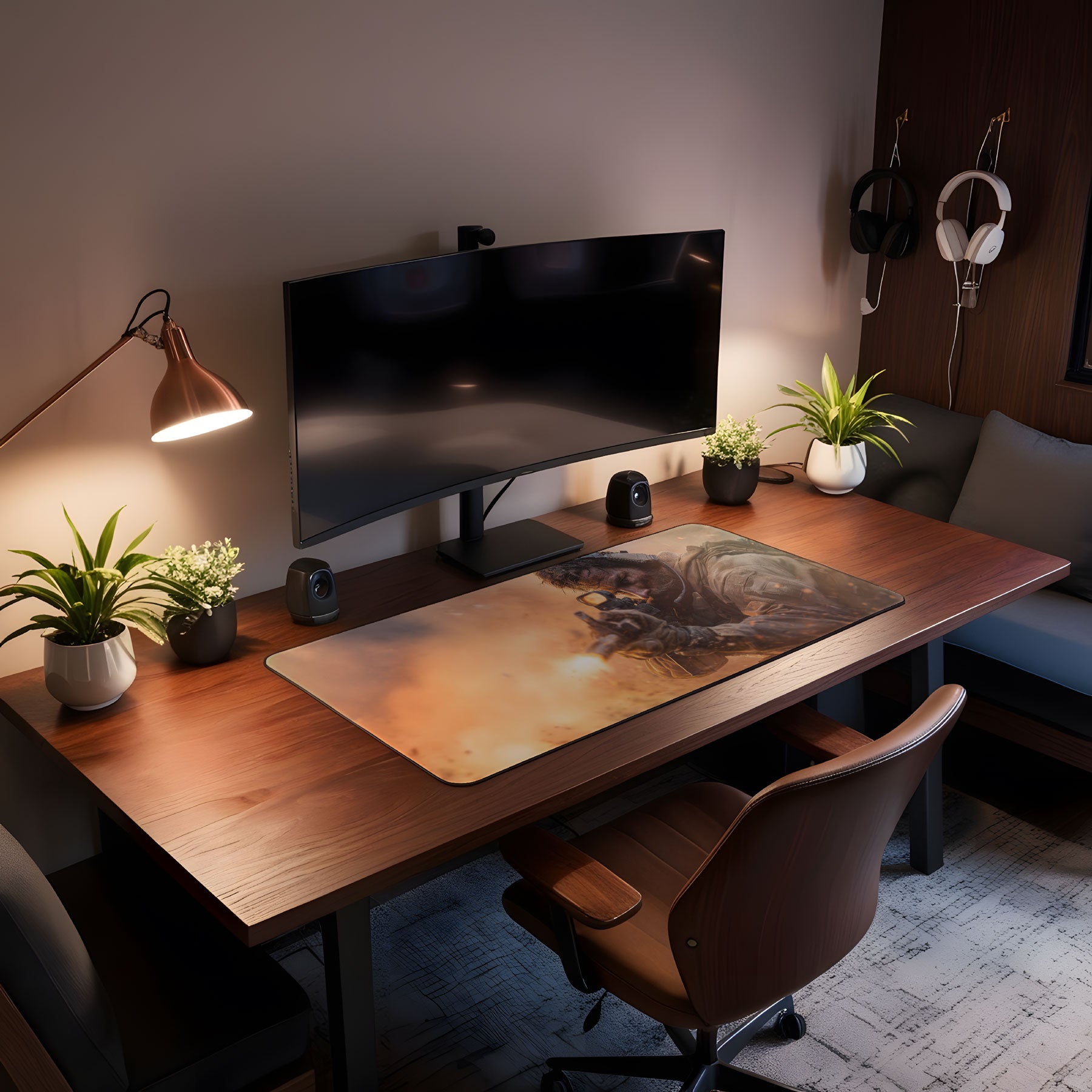Modern home office setup with a desk, computer monitor, and decorative elements.