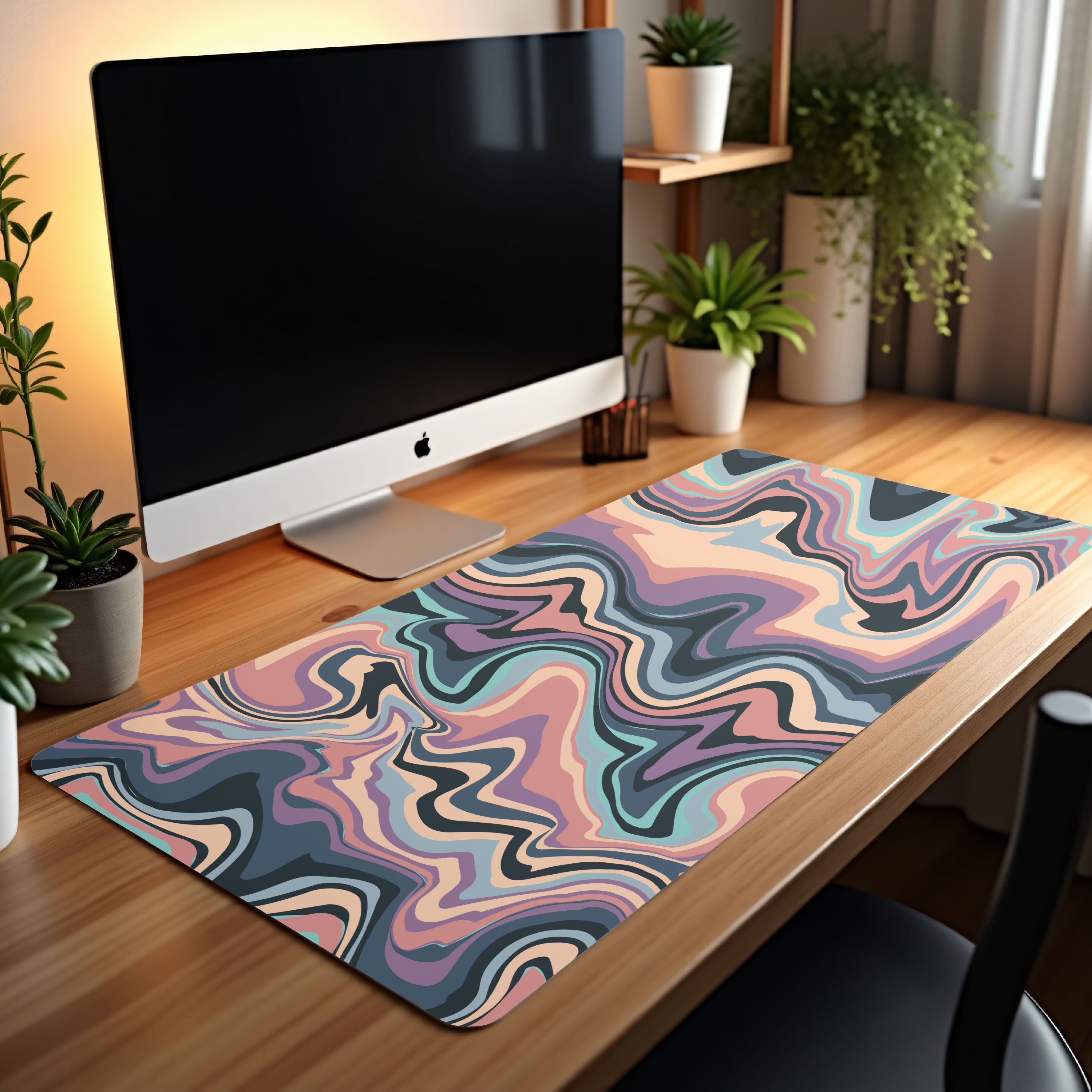 Colorful desk mat on a wooden desk with a computer monitor and plants in the background