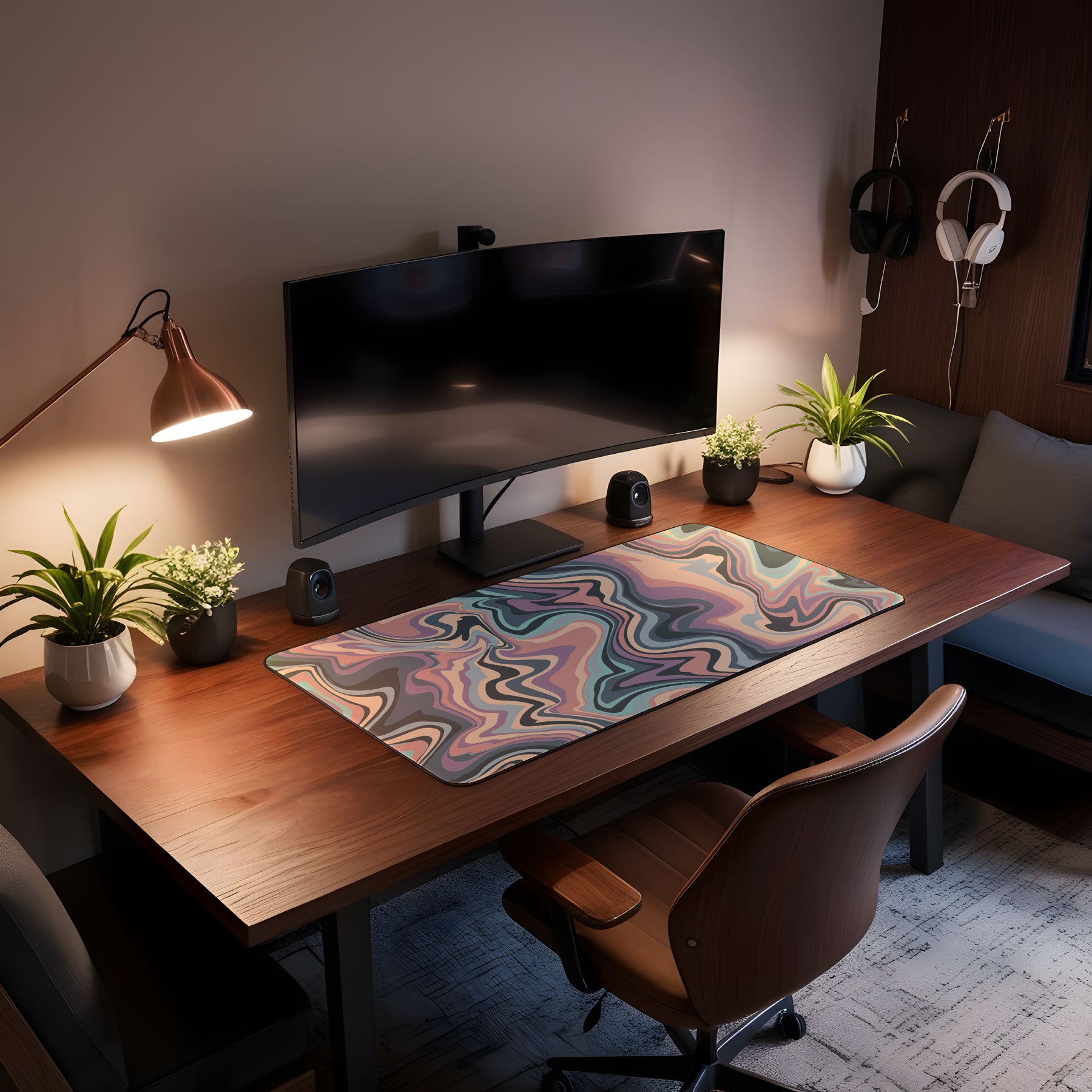 Modern home office setup with a desk, computer monitor, and decorative elements.