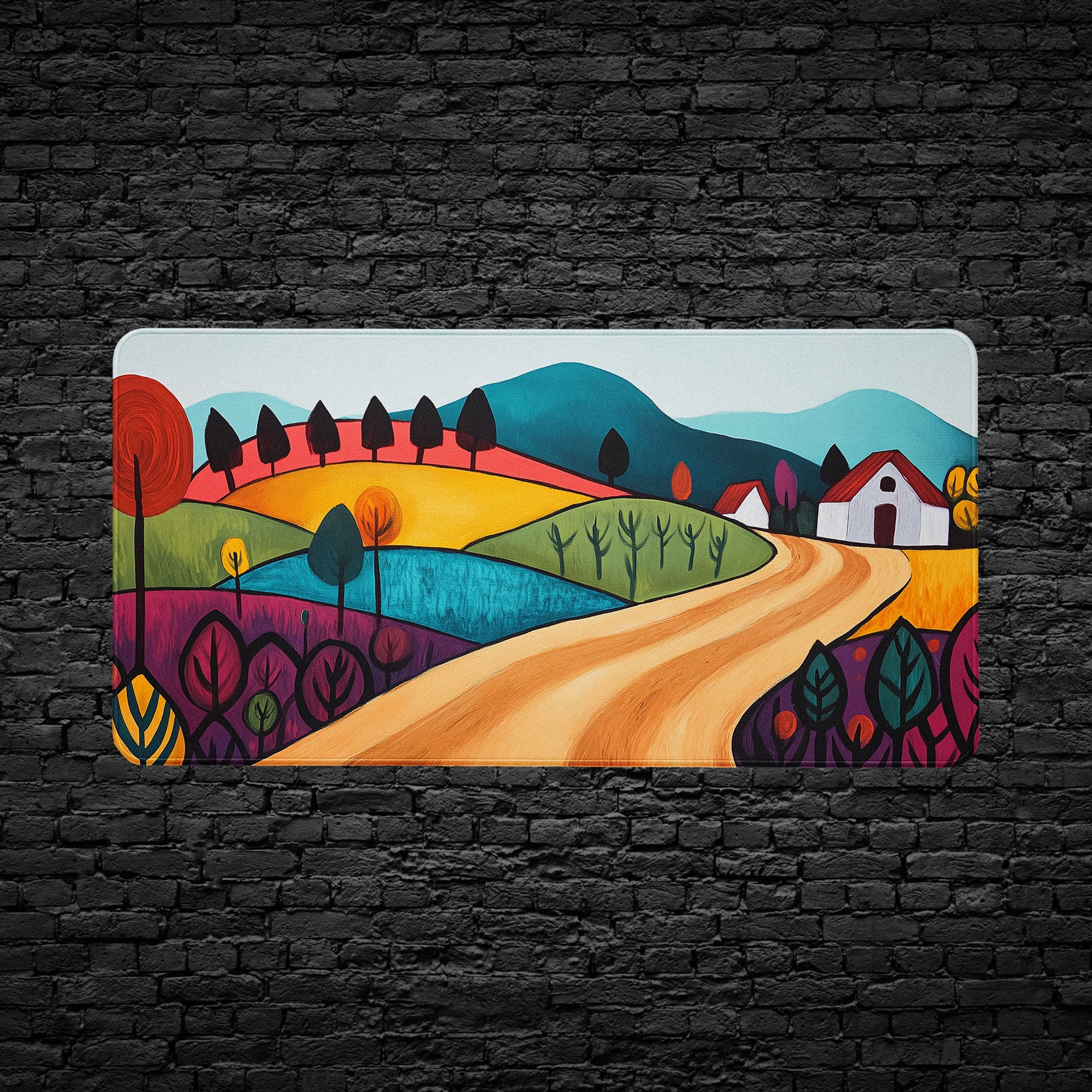 Large gaming mouse pad with folk-art countryside design