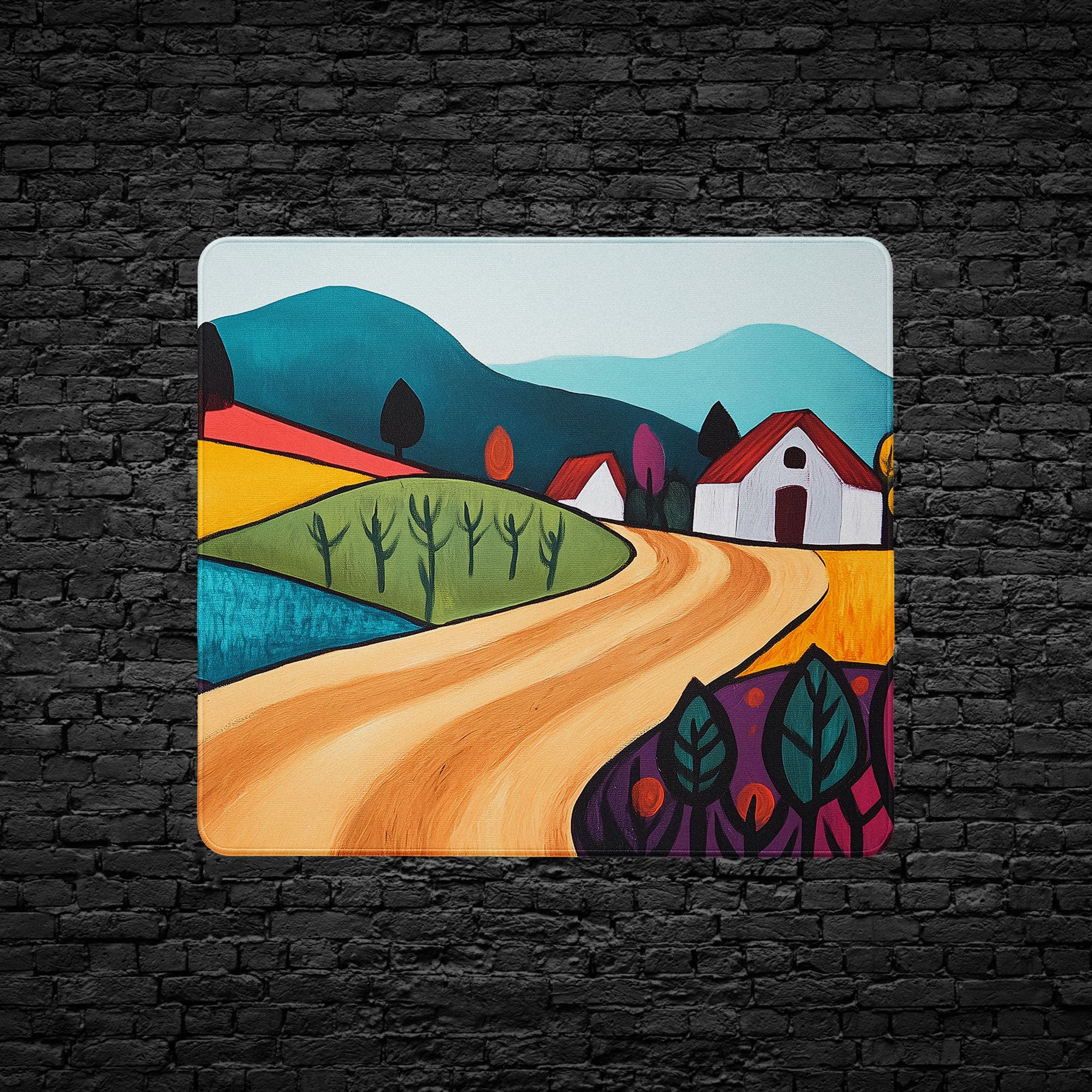 Desk mat with vibrant rural scene and farmhouse illustration