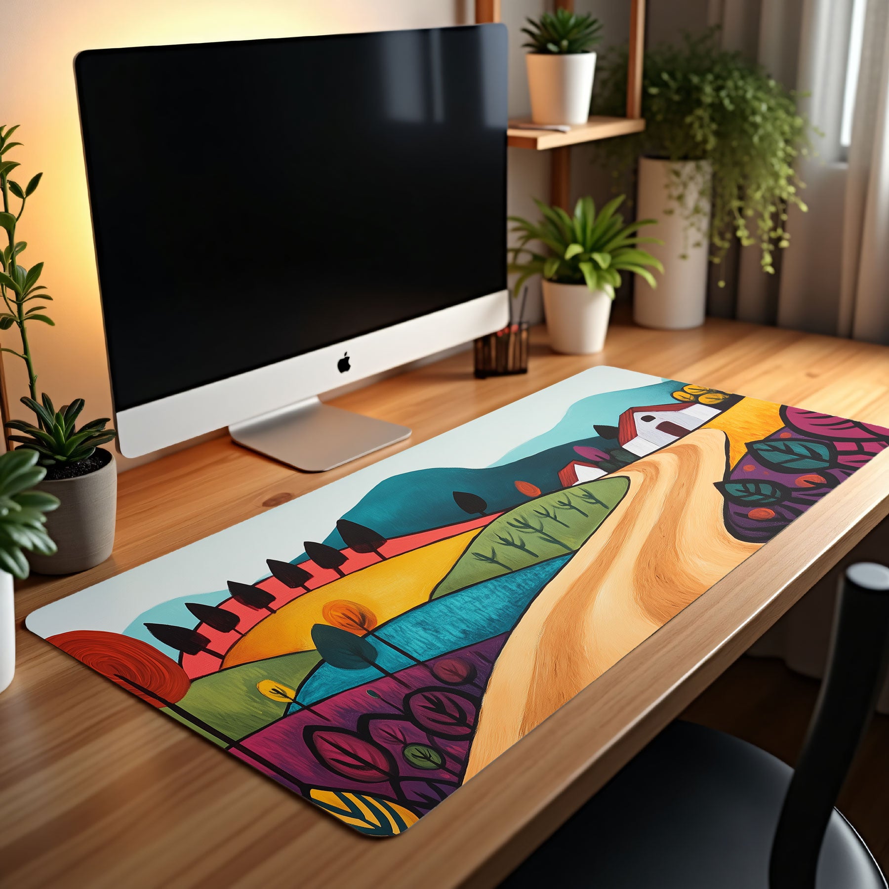 Colorful desk mat with nature design on a wooden desk, featuring a computer monitor.