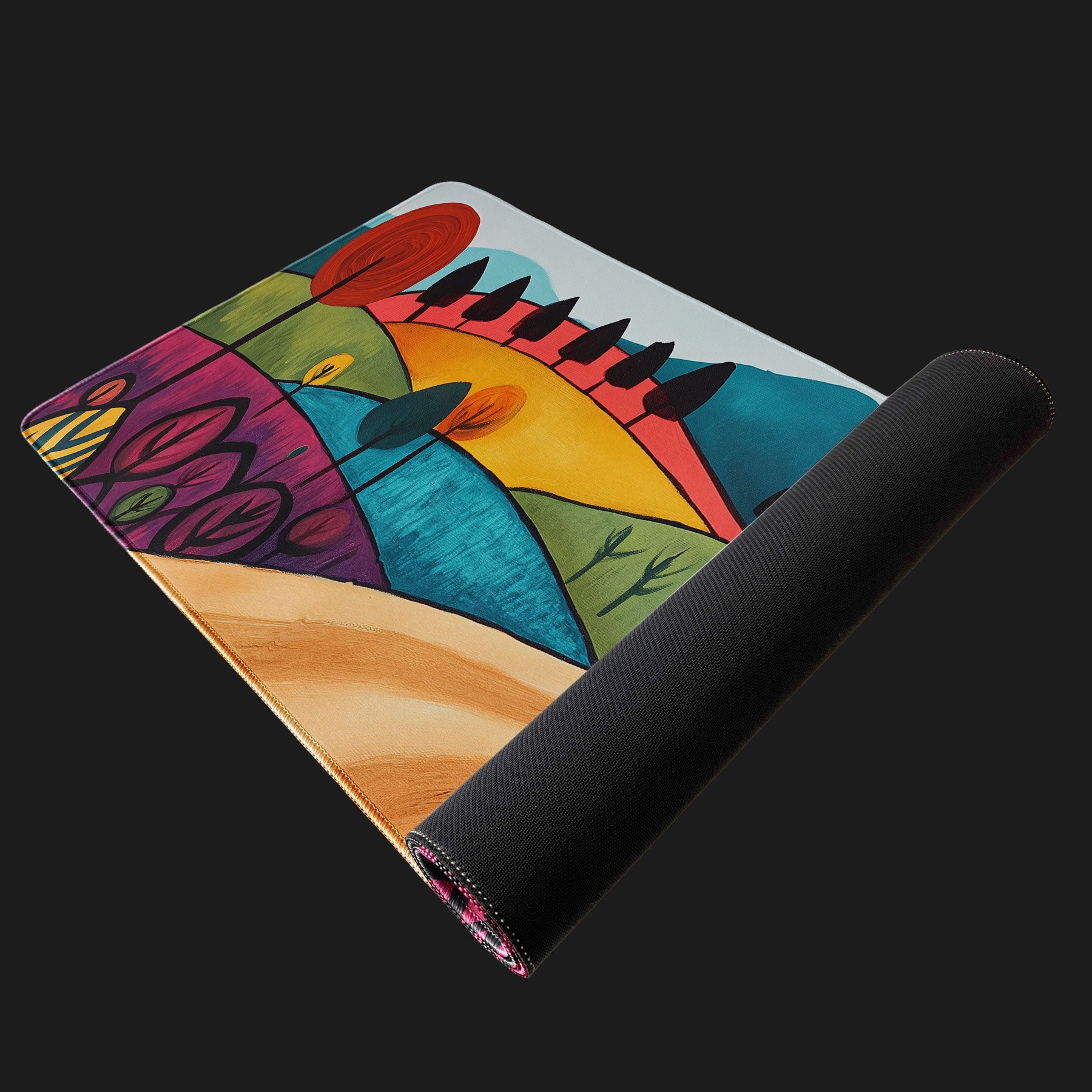 Abstract countryside artwork desk mat in folk-art style
