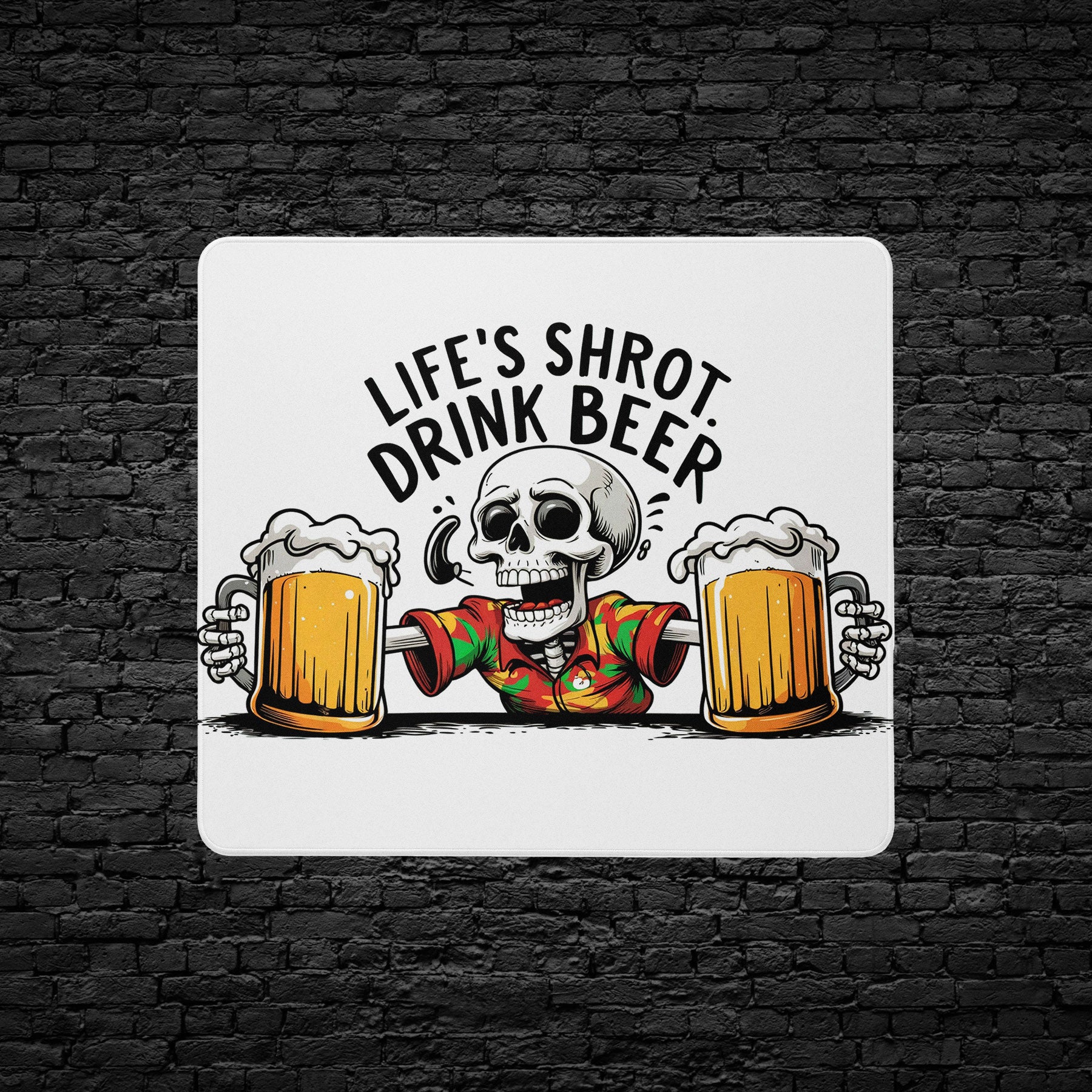 Comic-style skeleton with beer desk mat design
