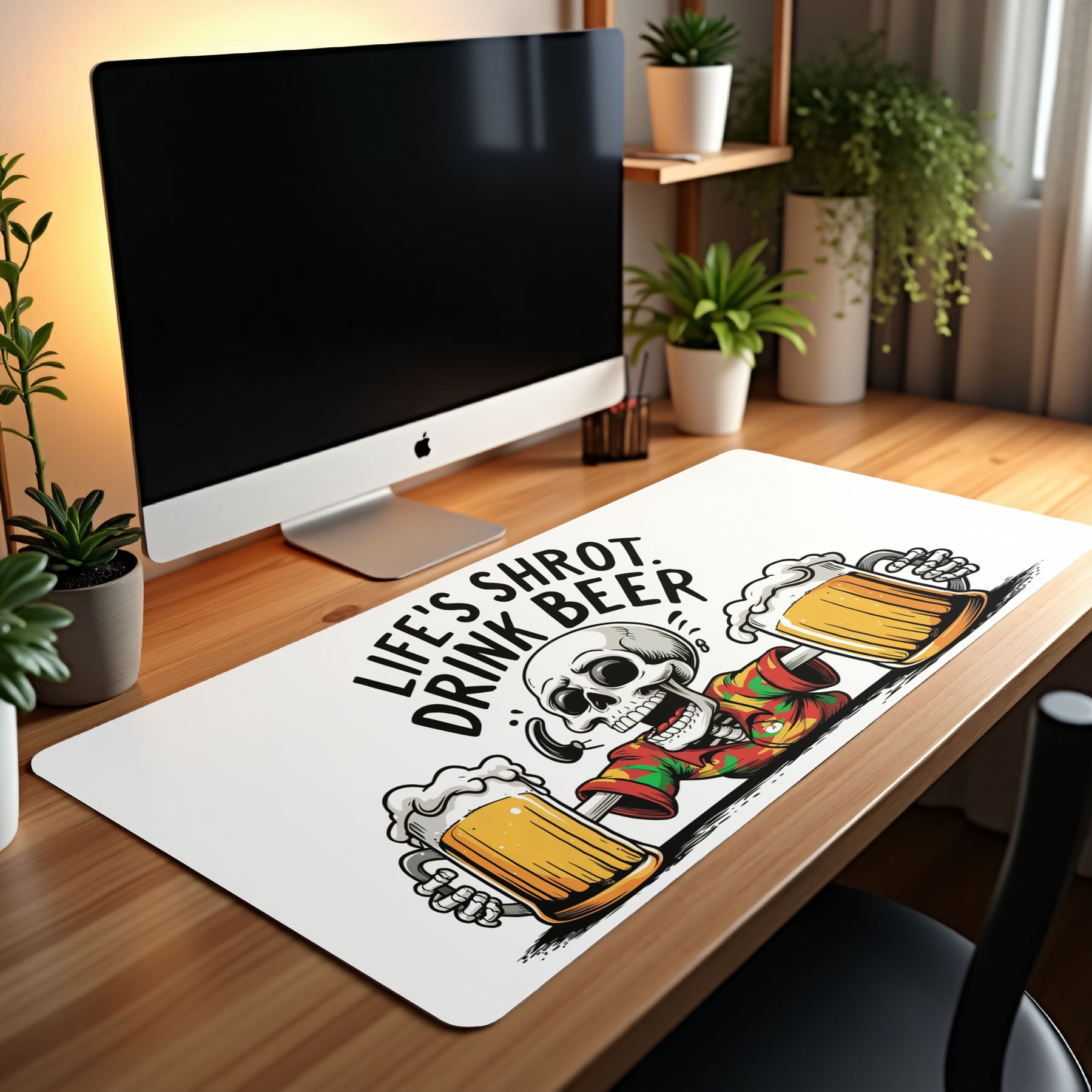 Large gaming desk mat with skeleton and beer mugs