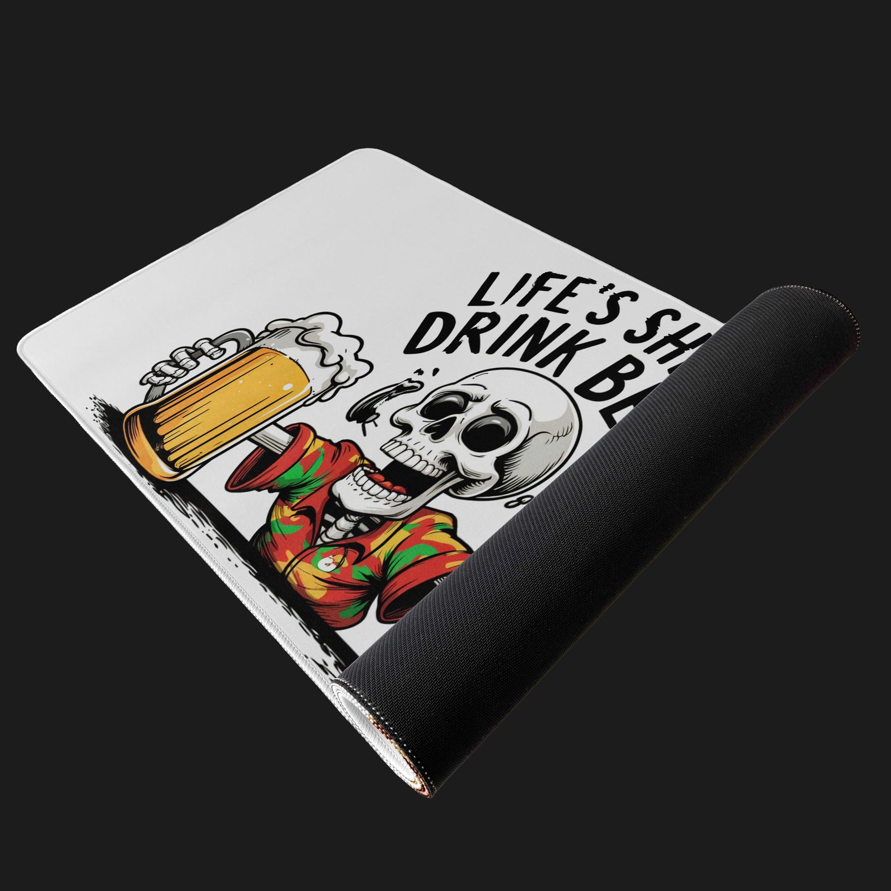 Humorous desk pad with skeleton in Hawaiian shirt and beers