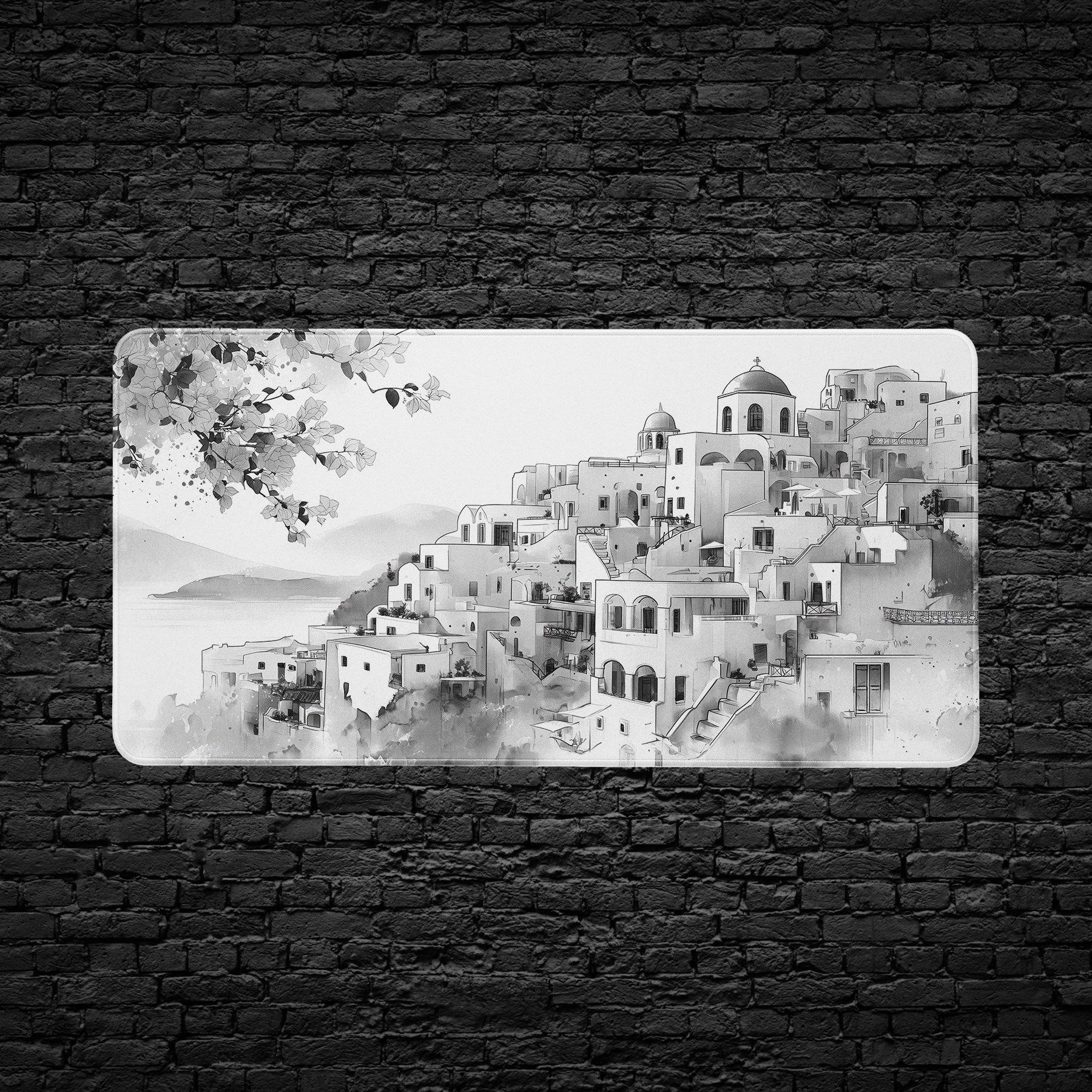 Elegant black and white desk pad featuring Santorini hillside houses