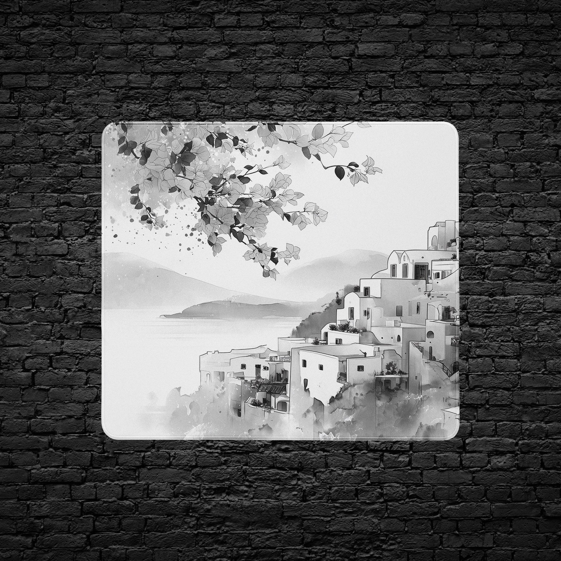 Minimalist Greek landscape desk mat in ink painting style