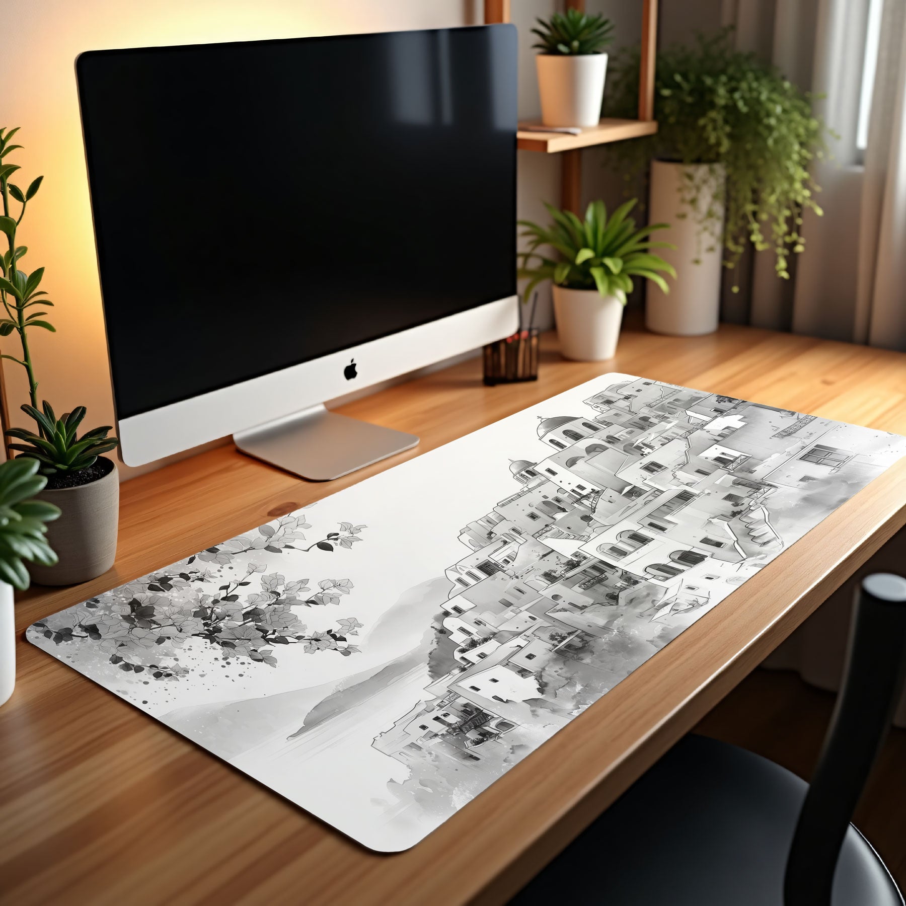Artistic mouse pad with Santorini-inspired architecture