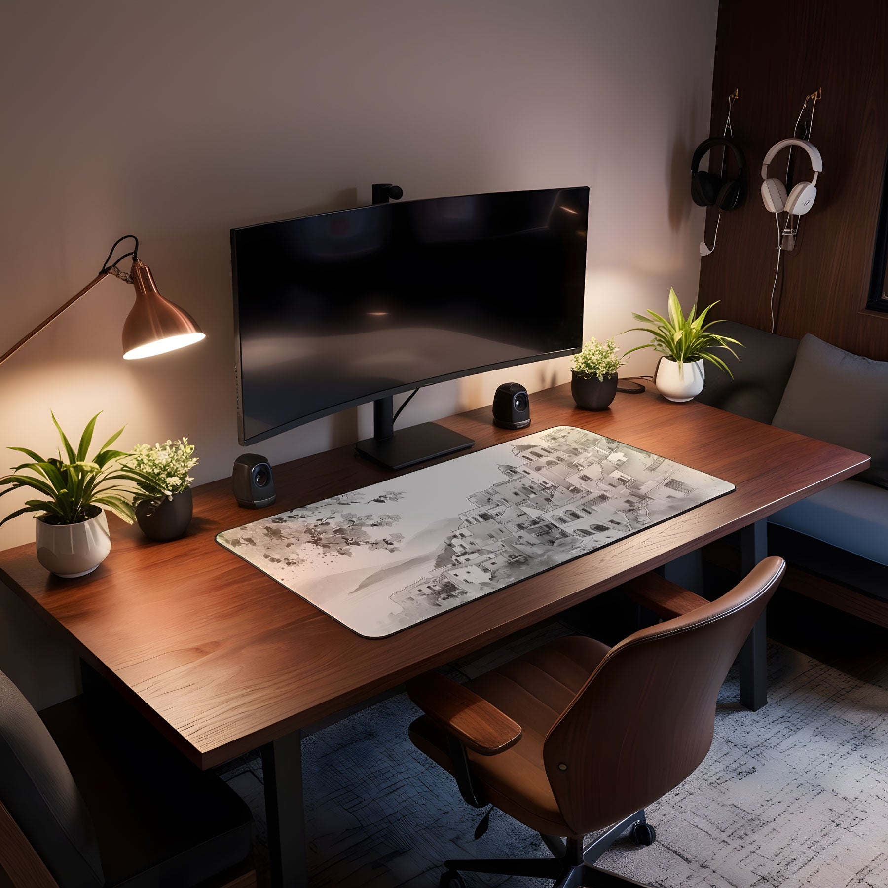Modern home office setup with a desk, computer monitor, and decorative elements.
