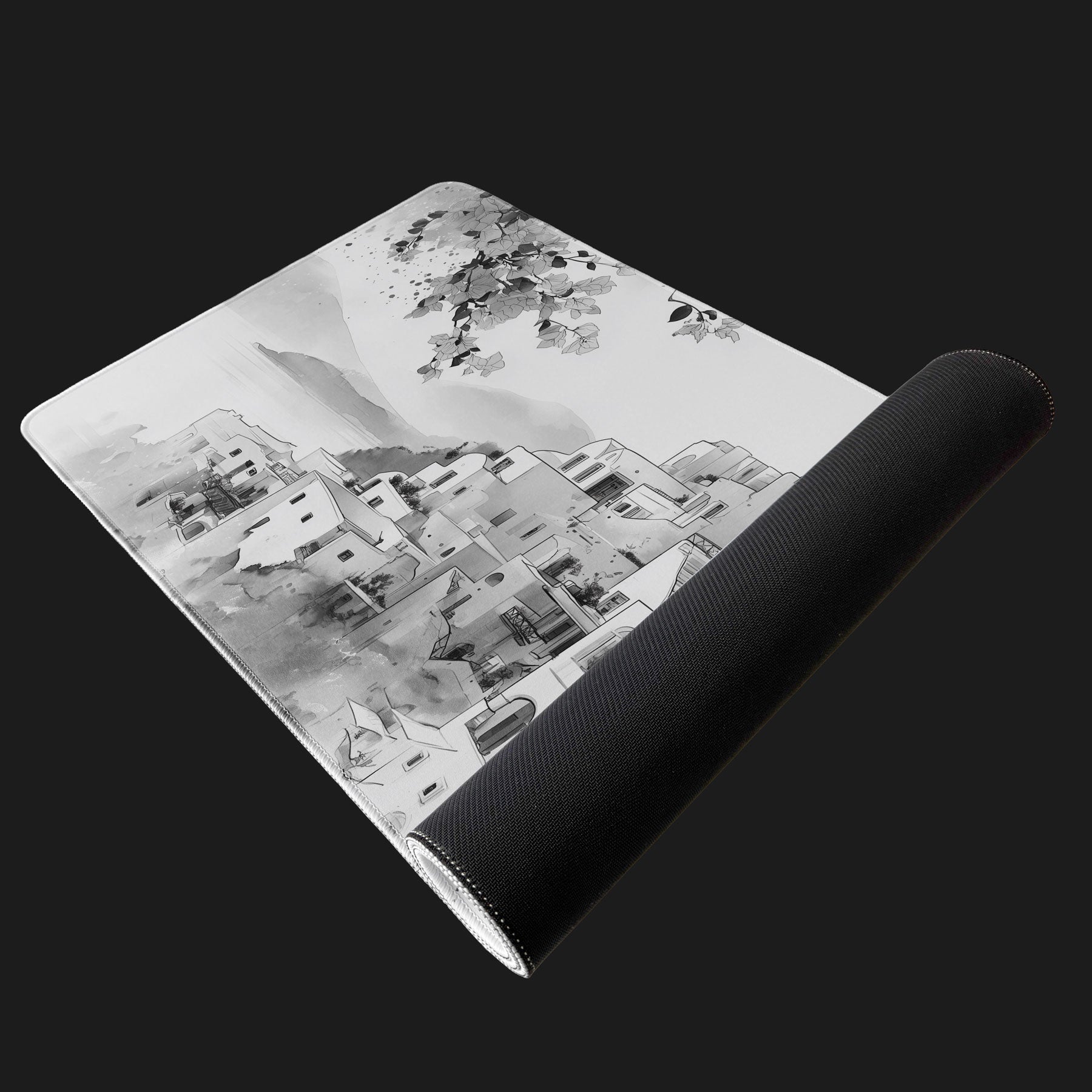 Scenic extended desk mat with Greek village coastal view