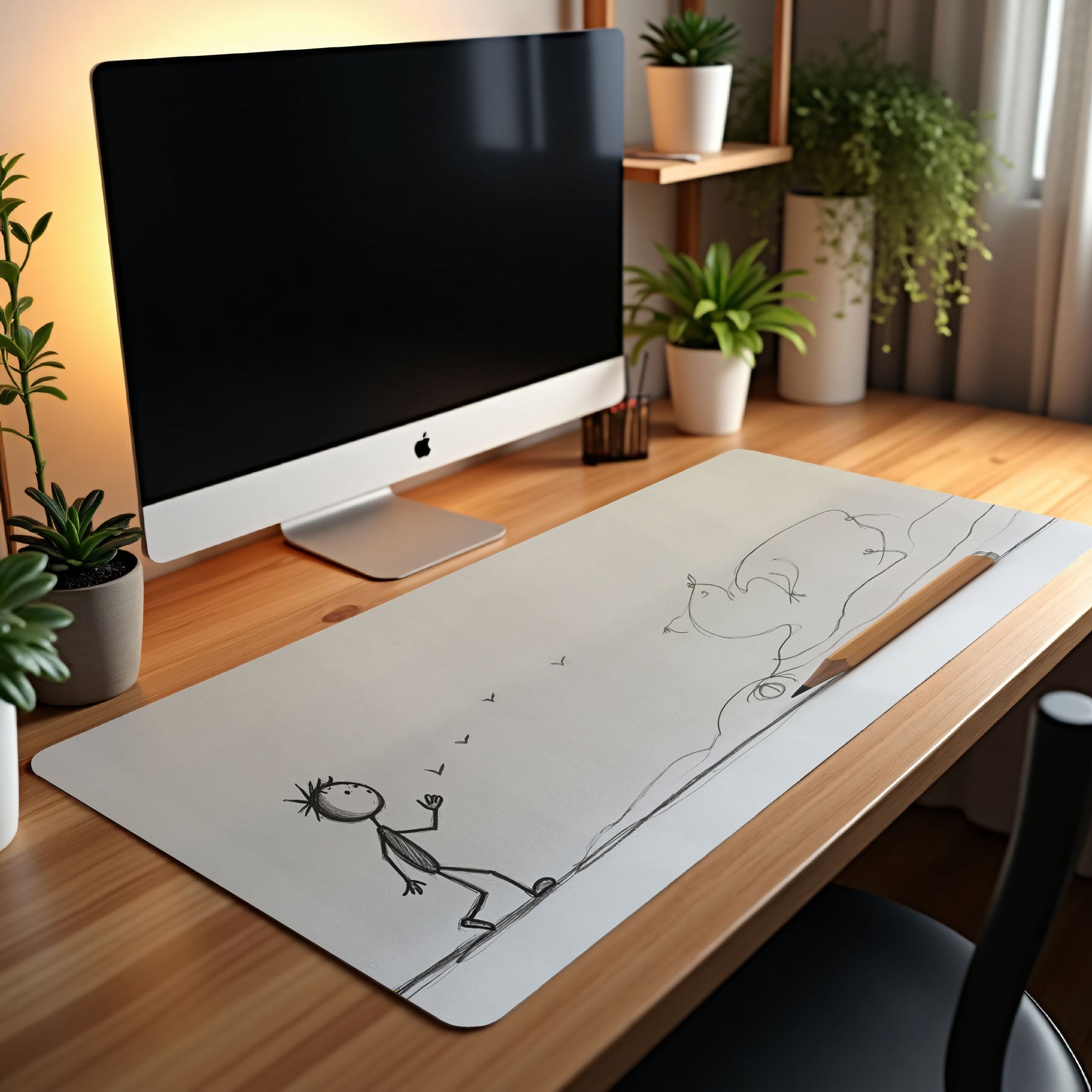 Desk setup with a computer monitor, mouse pad, and plants in a home office.