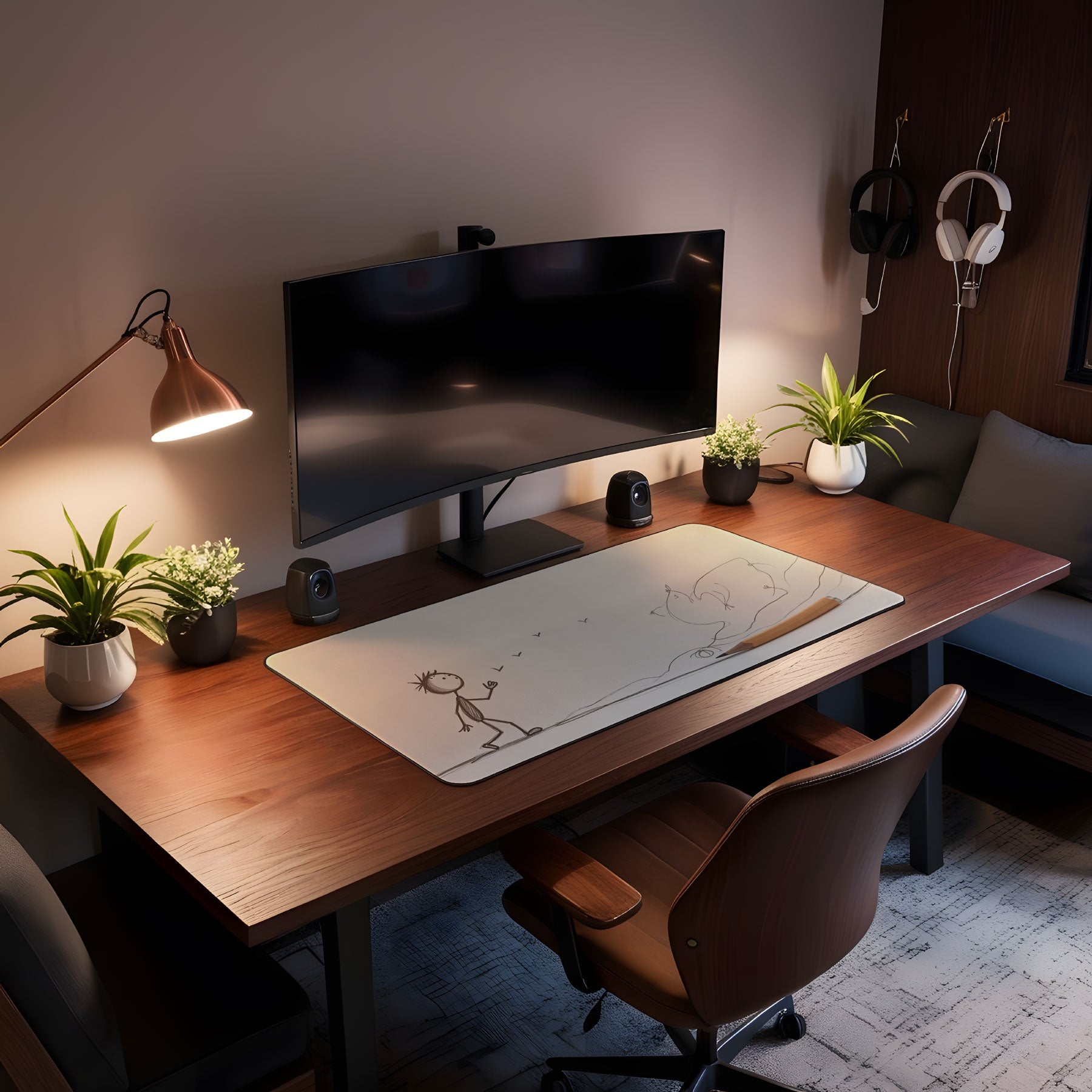 Modern home office with a wooden desk, computer monitor, and decorative elements.
