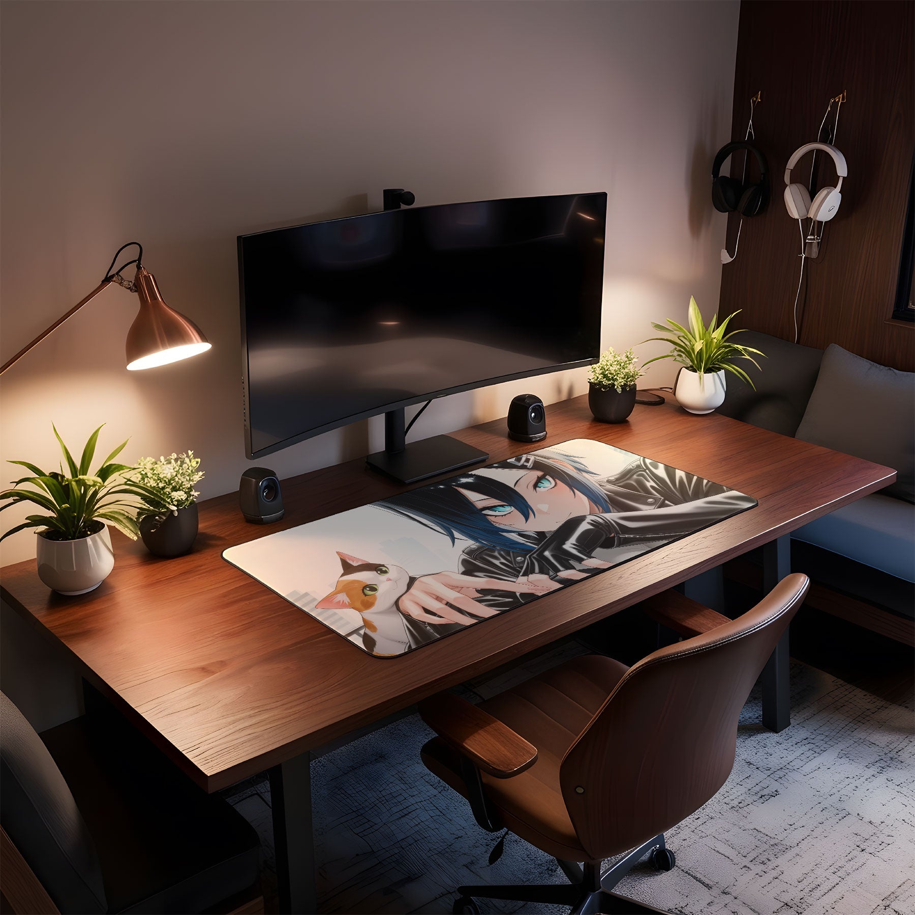 Modern home office setup with a desk, computer monitor, and decorative elements.