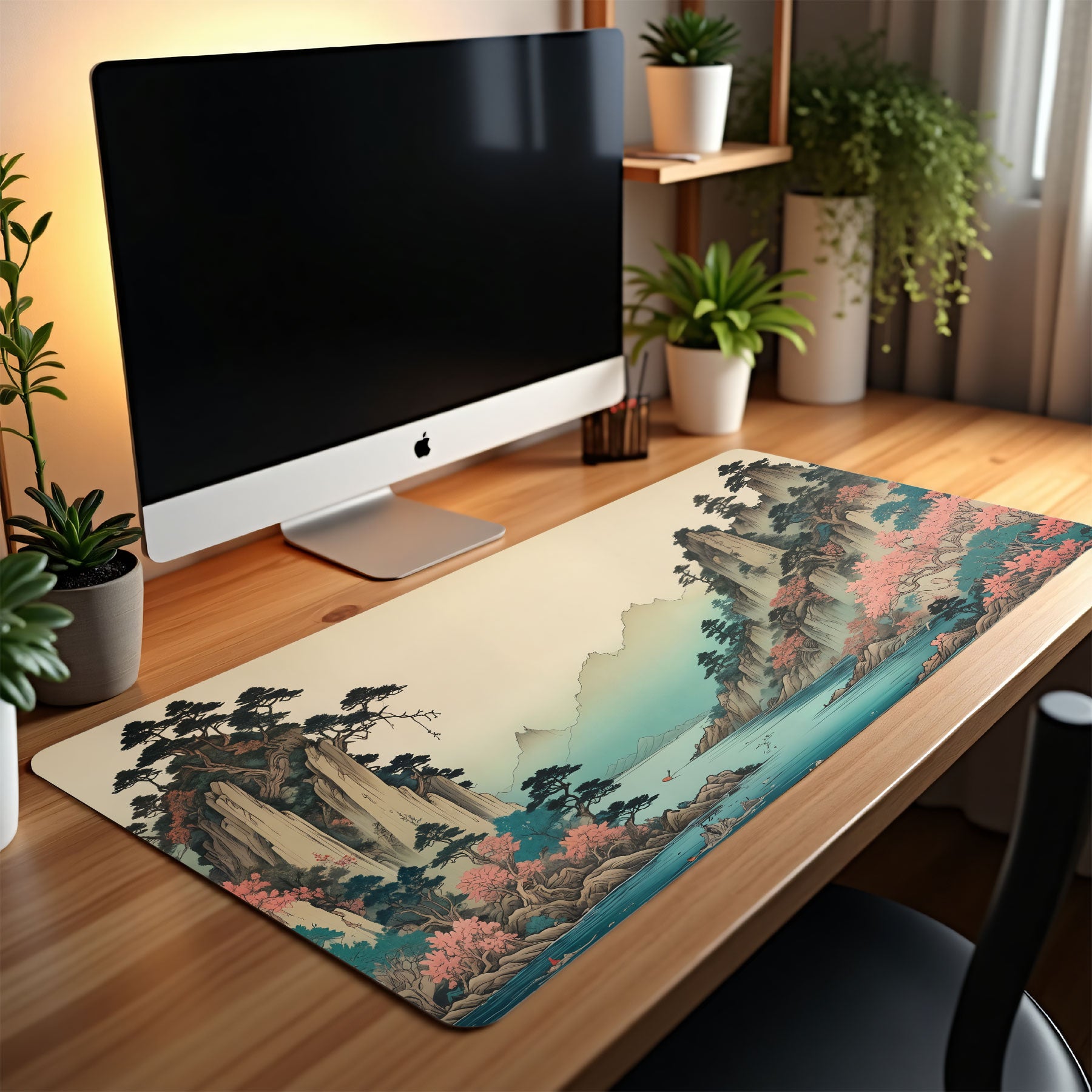 Desk setup with a computer monitor and decorative desk mat featuring a nature design.