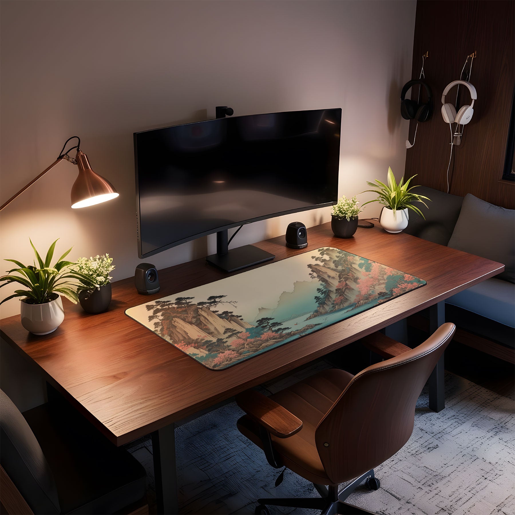Wooden desk with computer setup, including a monitor, keyboard, and mouse, in a home office setting.