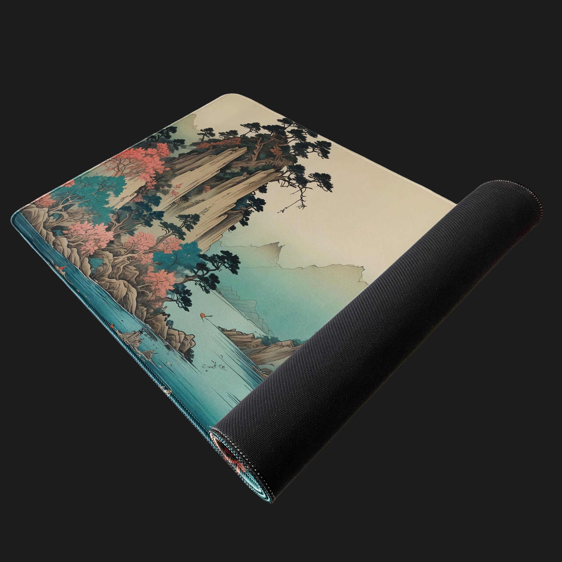 River and mountain landscape gaming desk pad