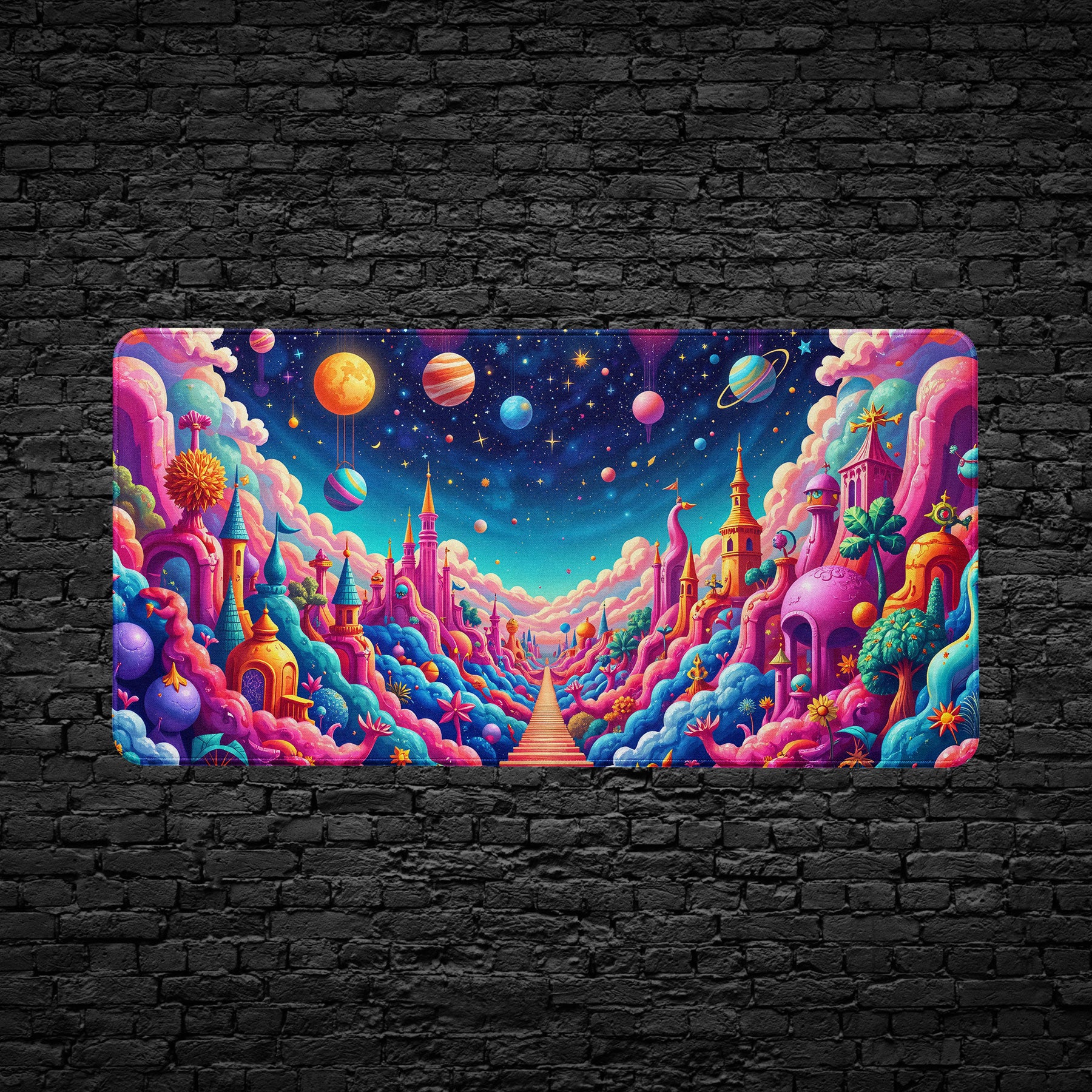 Surreal fantasy world desk mat with castles