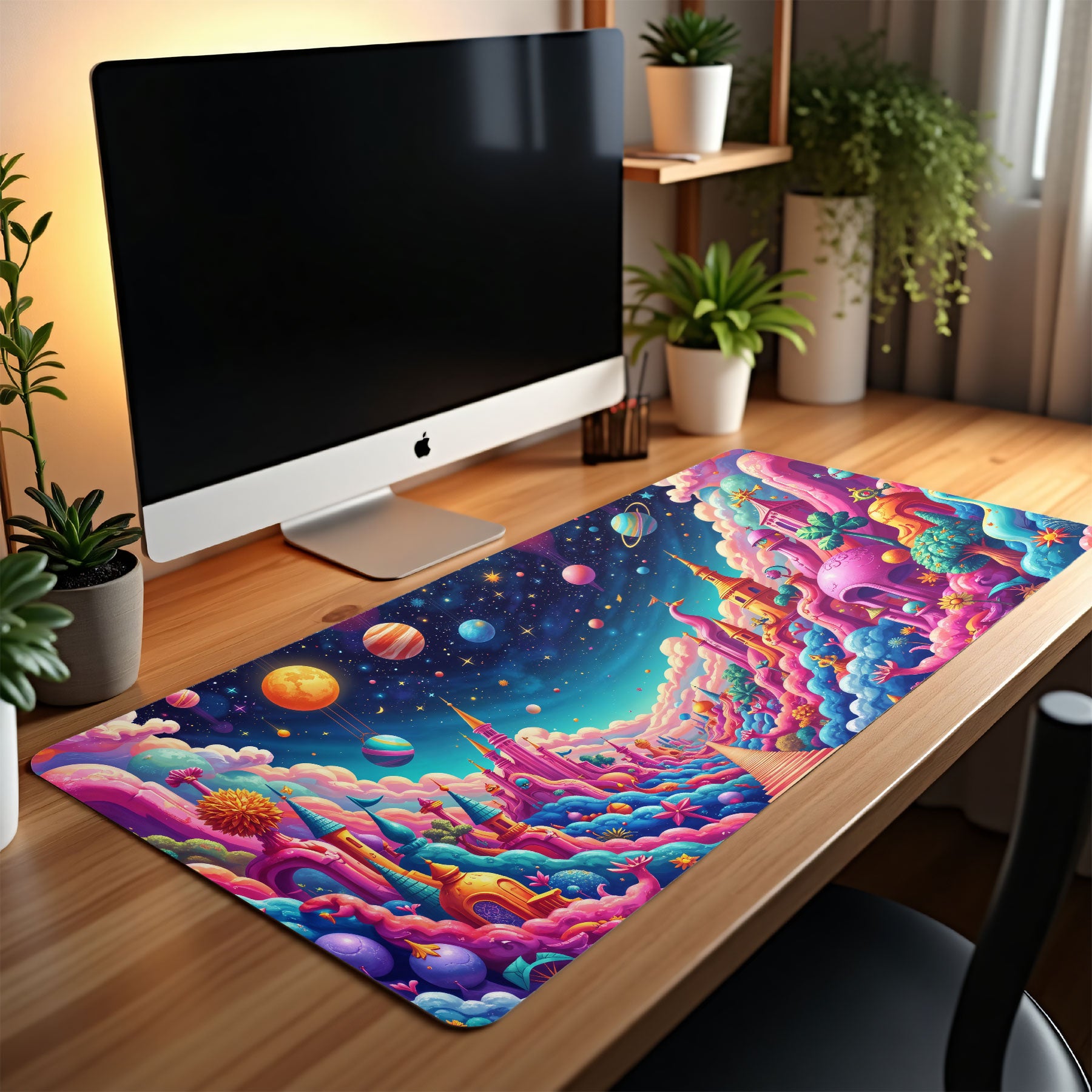 Colorful desk mat with space-themed design on a wooden desk.