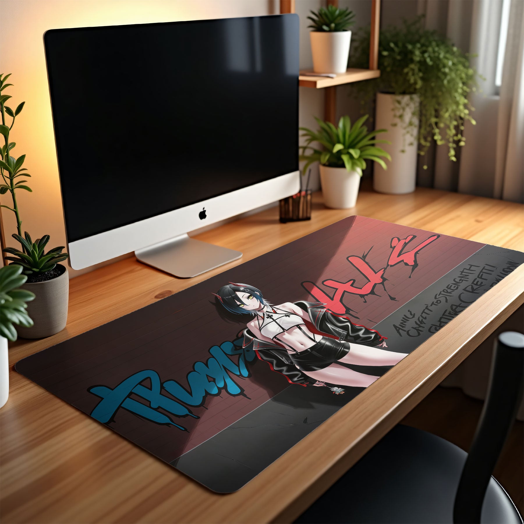 Desk setup with a computer monitor and anime-themed mouse pad featuring a character and text.