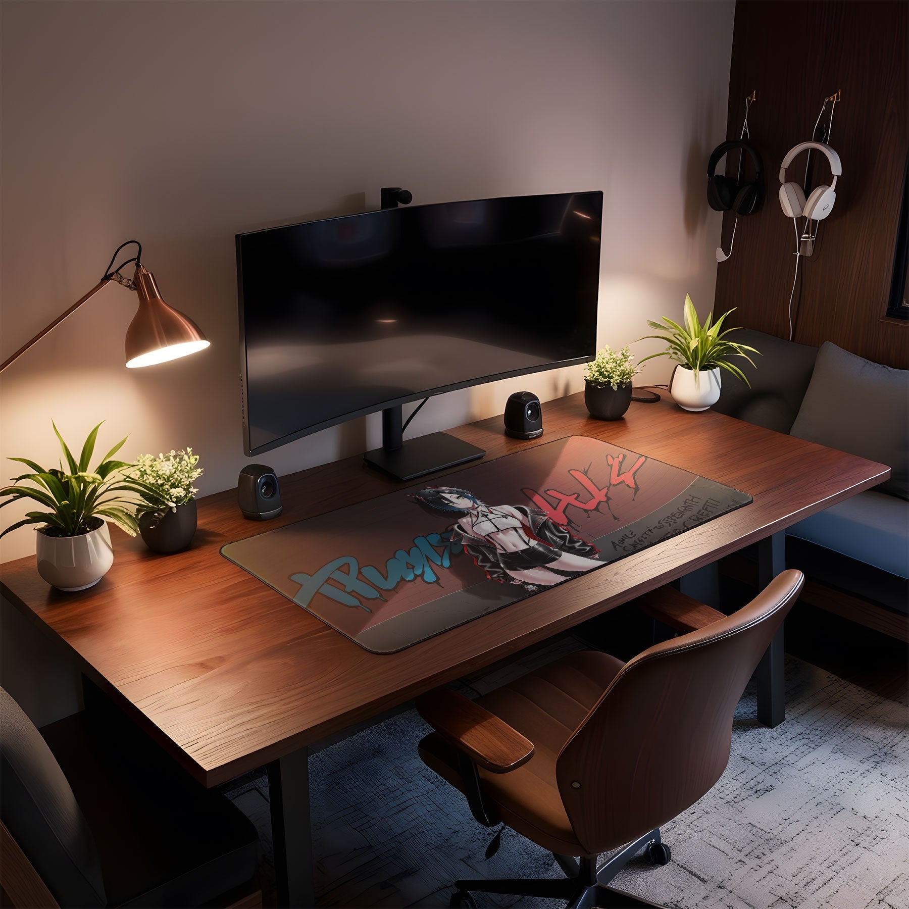 Modern home office setup with a desk, computer monitor, and decorative elements.