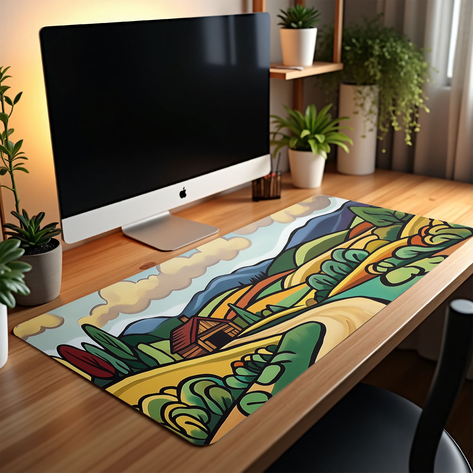 Colorful desk mat with nature design on a wooden desk with a computer setup.