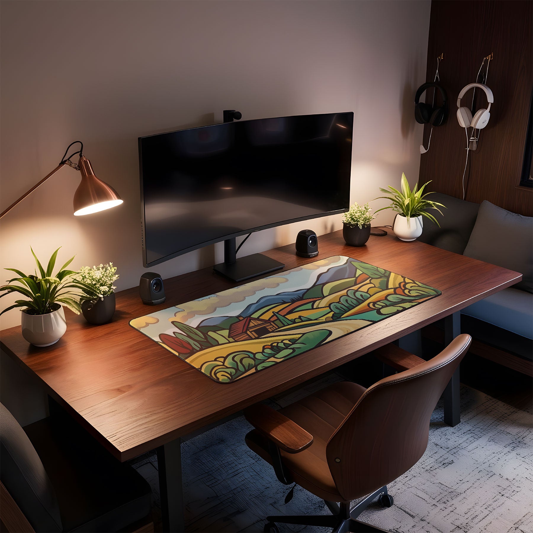 Home office setup with a desk, computer monitor, and decorative elements.