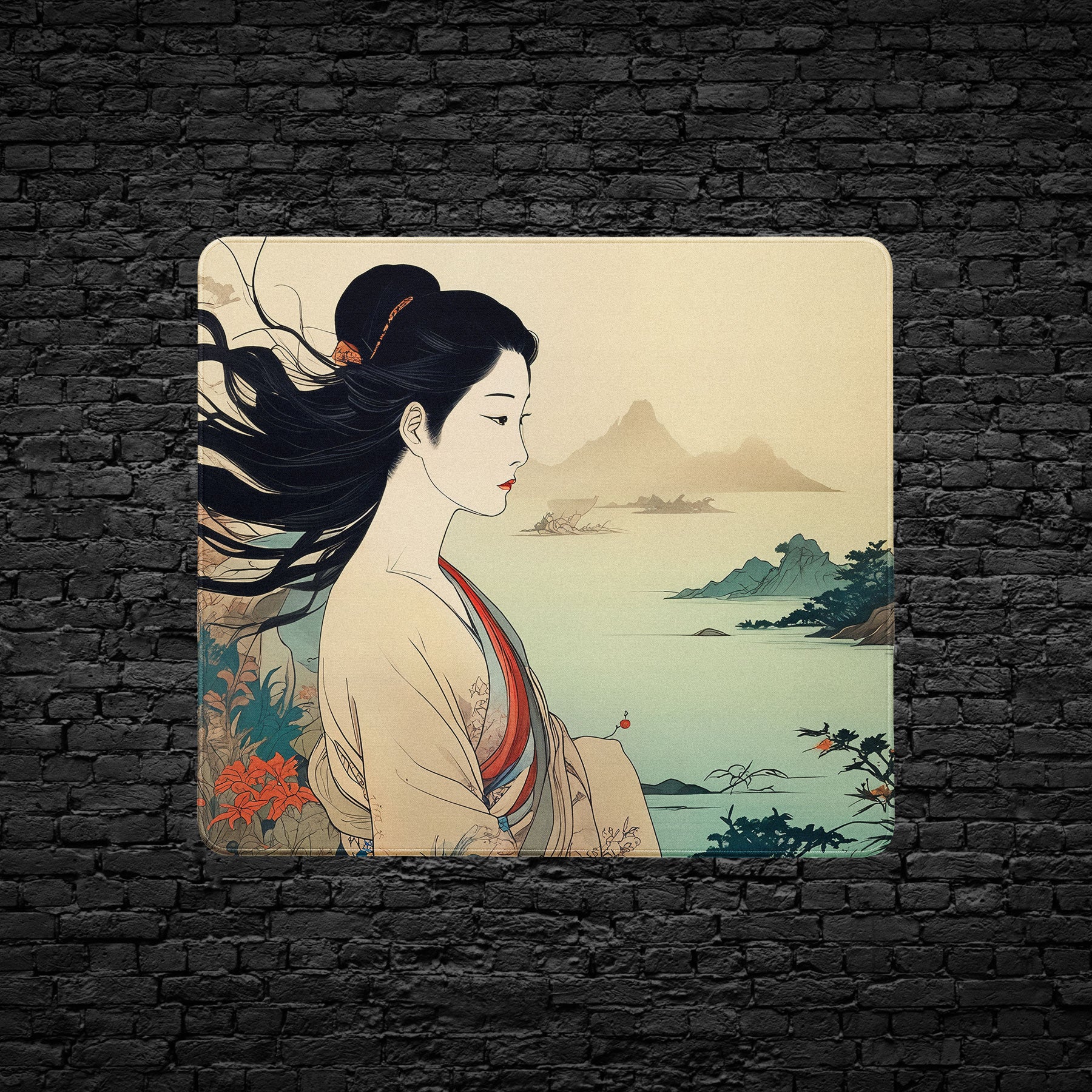 Elegant Japanese girl illustration desk mat for workspace décor