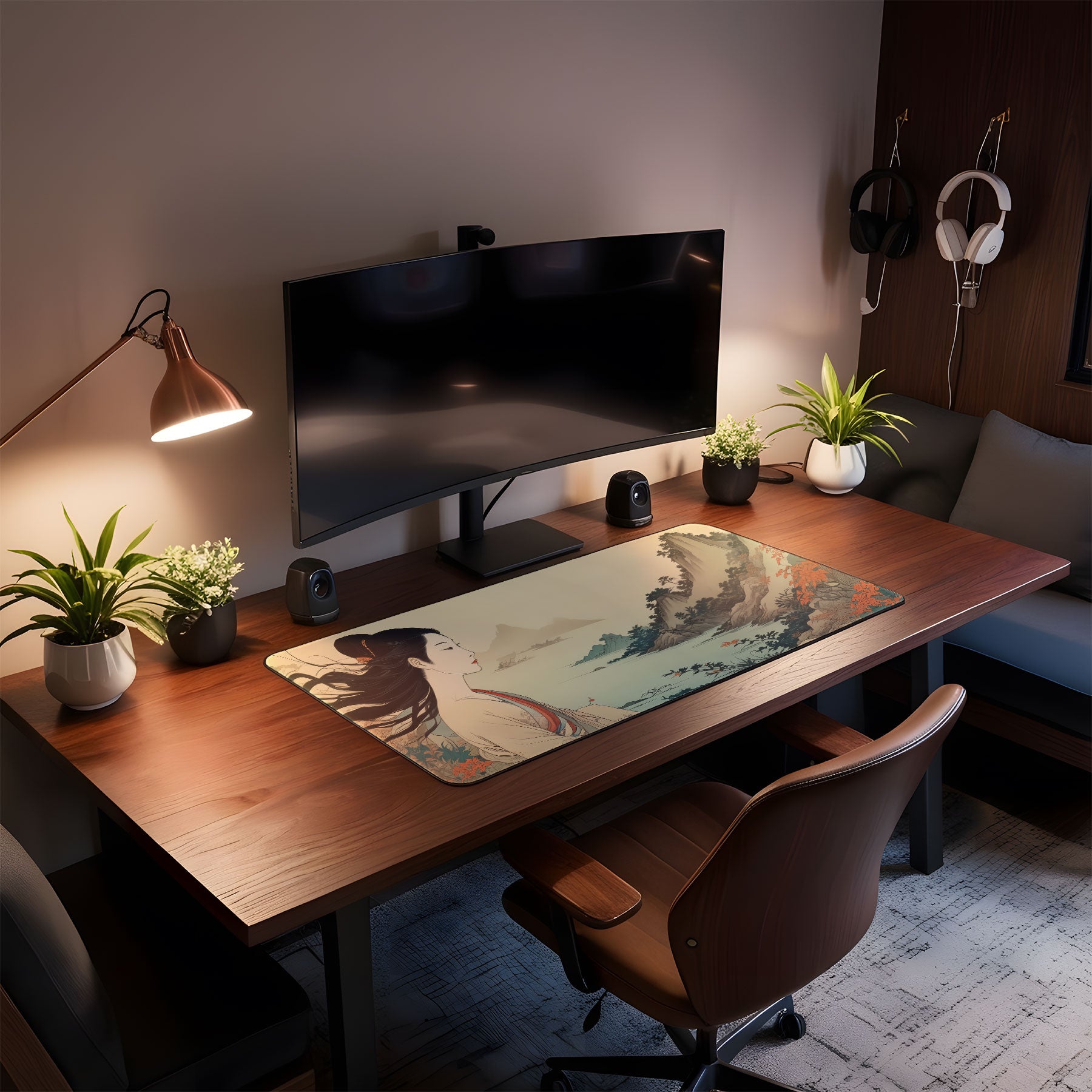 Wooden desk with computer setup, including a monitor, keyboard, and mouse, in a home office setting.