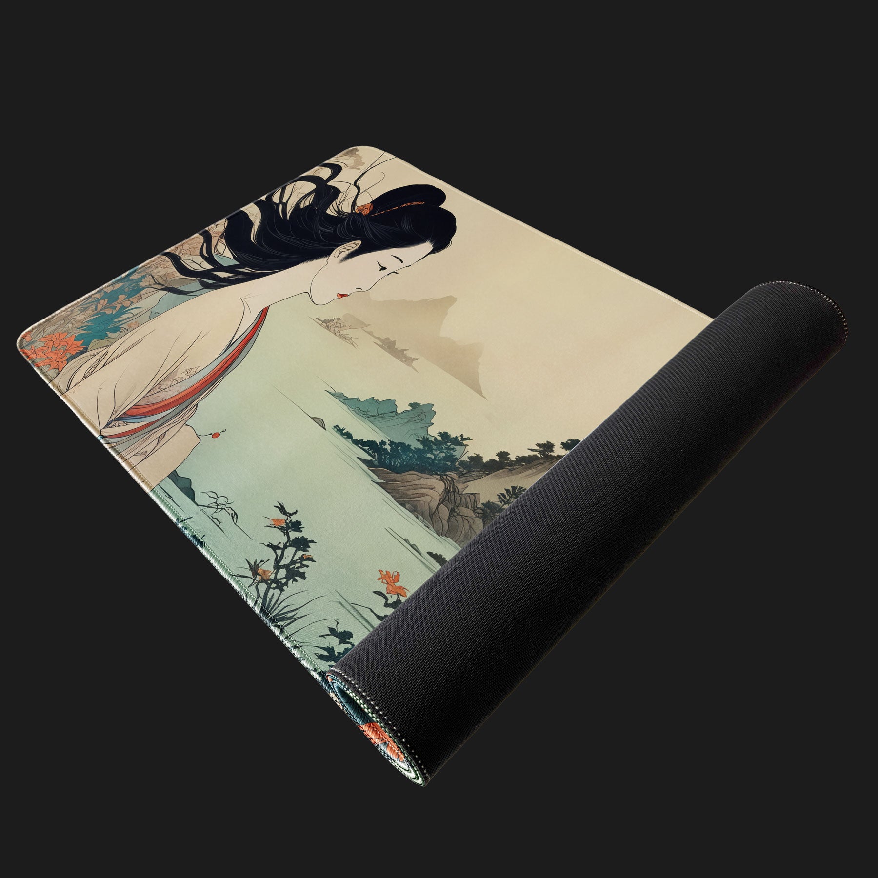 Geisha serenity desk pad with autumn foliage and mountains