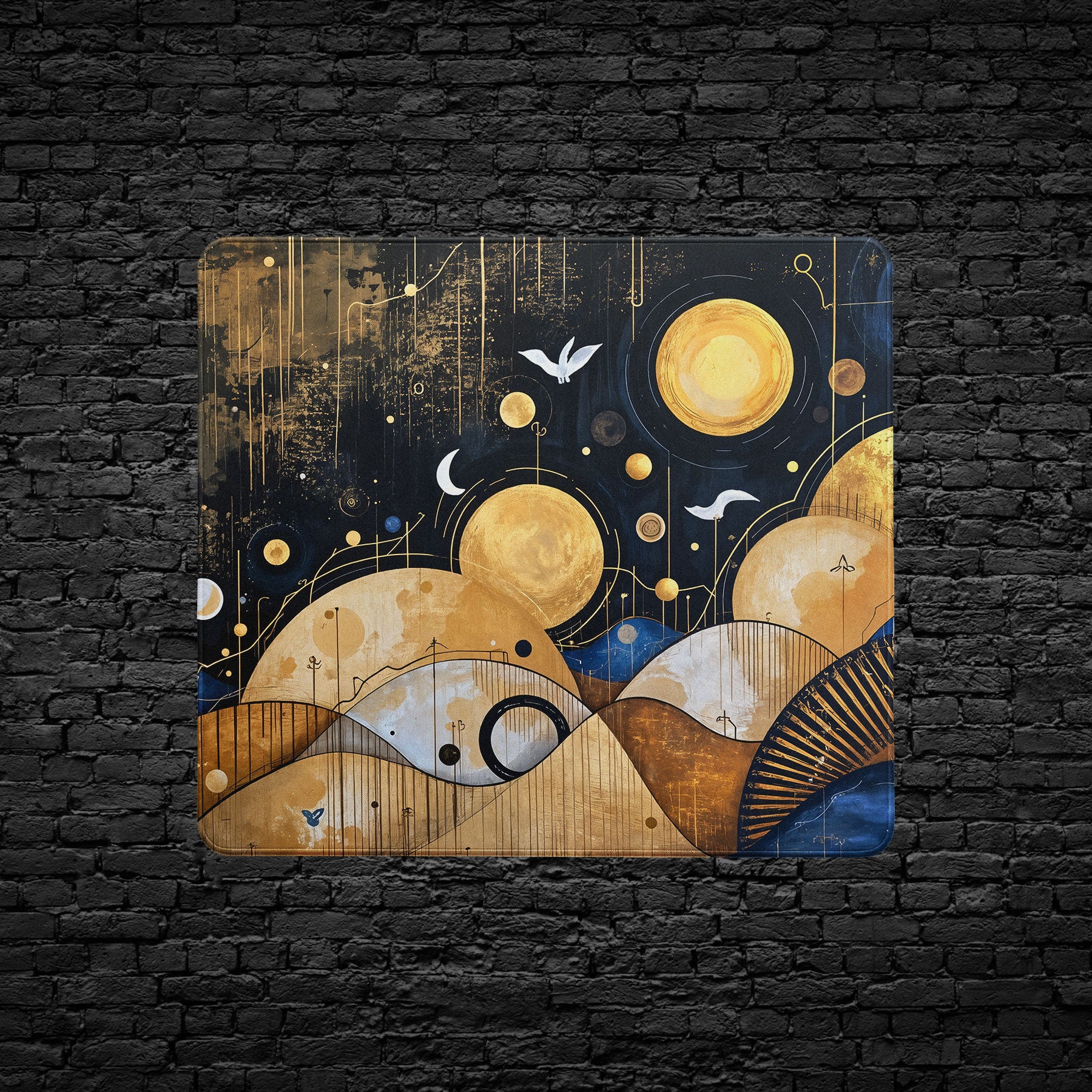 Golden astronomy-inspired desk mat with night sky design