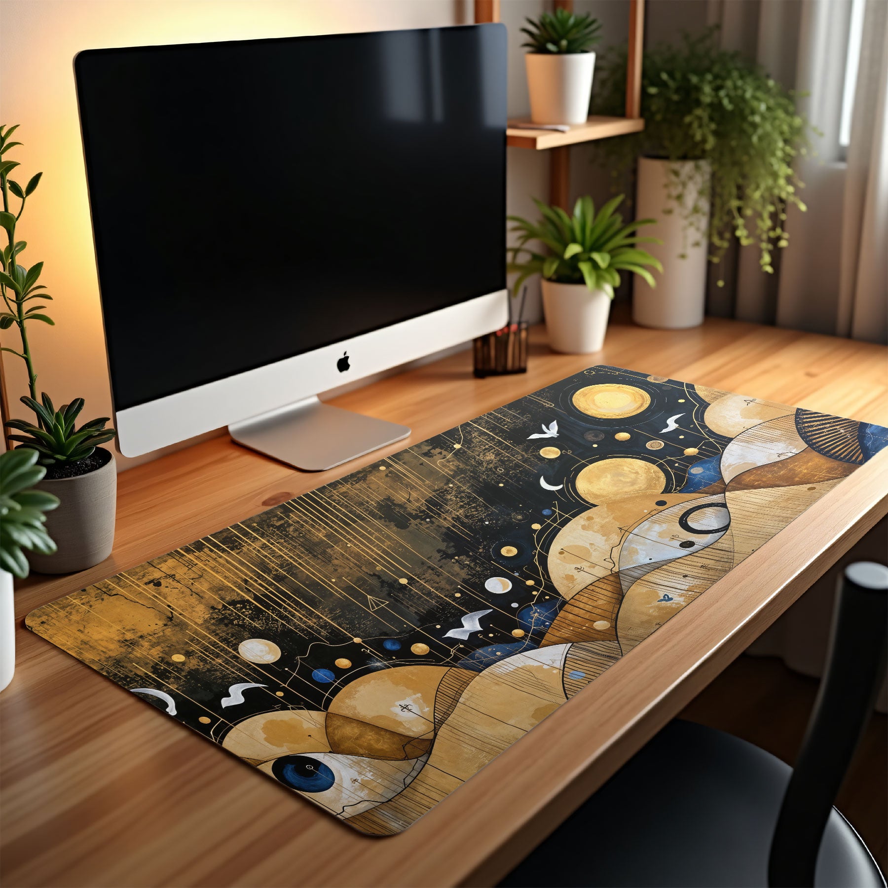 Decorative desk mat with abstract design on a wooden desk