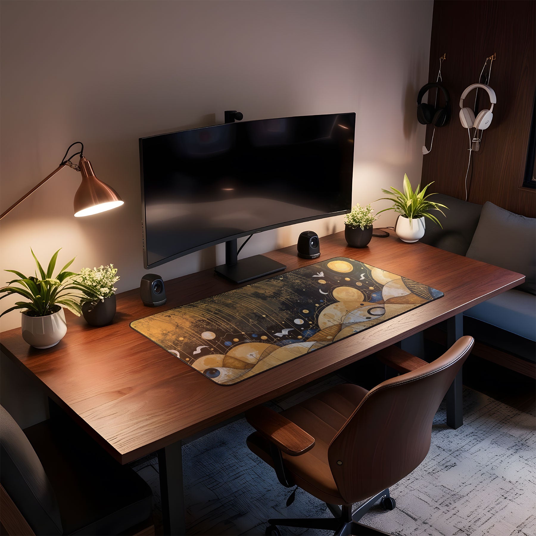 Home office setup with a desk, computer monitor, and decorative elements.