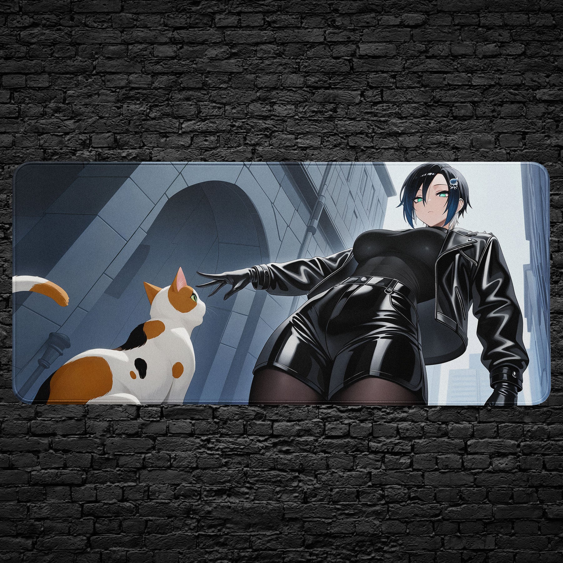 Anime desk mat with girl in black leather and city background