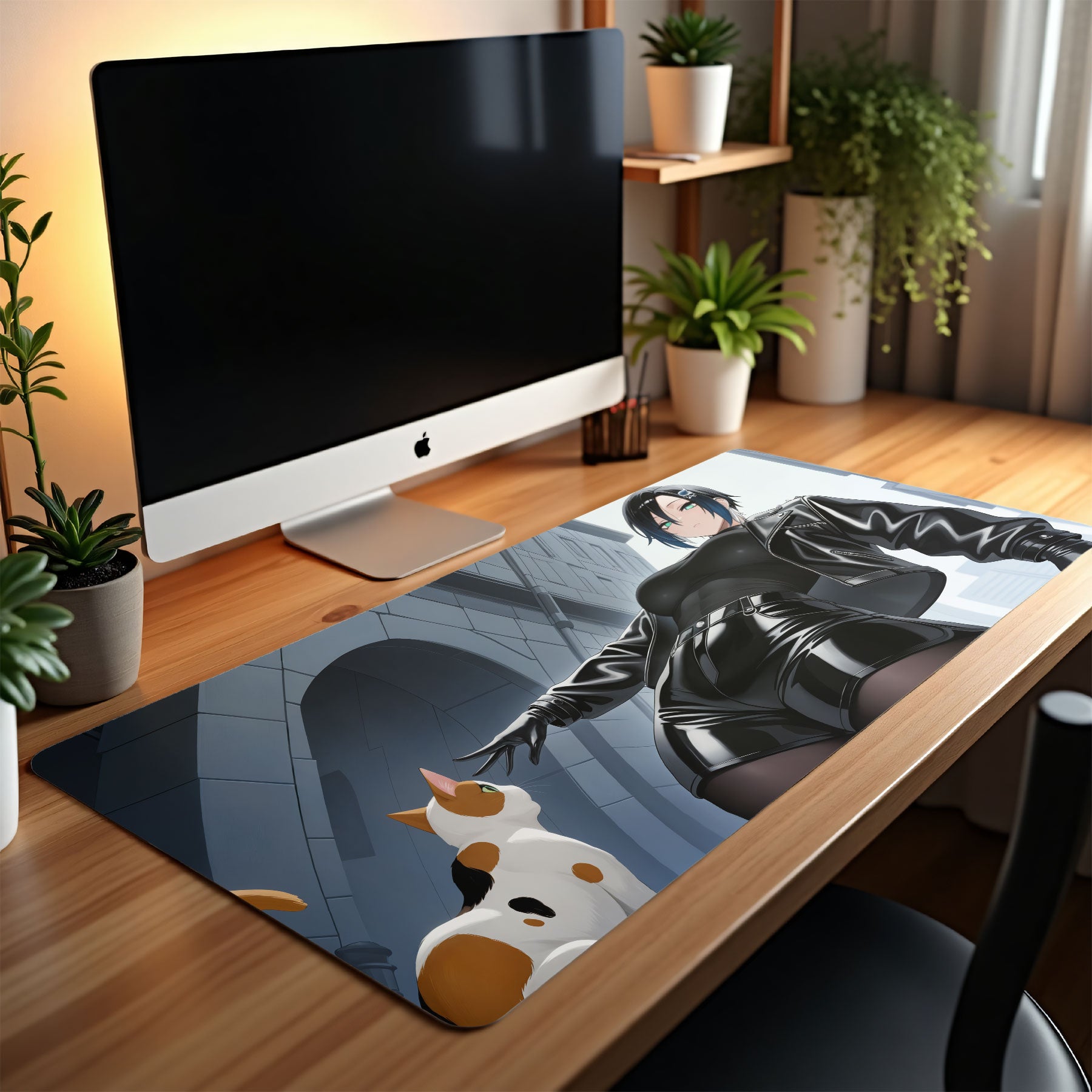 Black leather outfit anime girl mouse pad with modern design