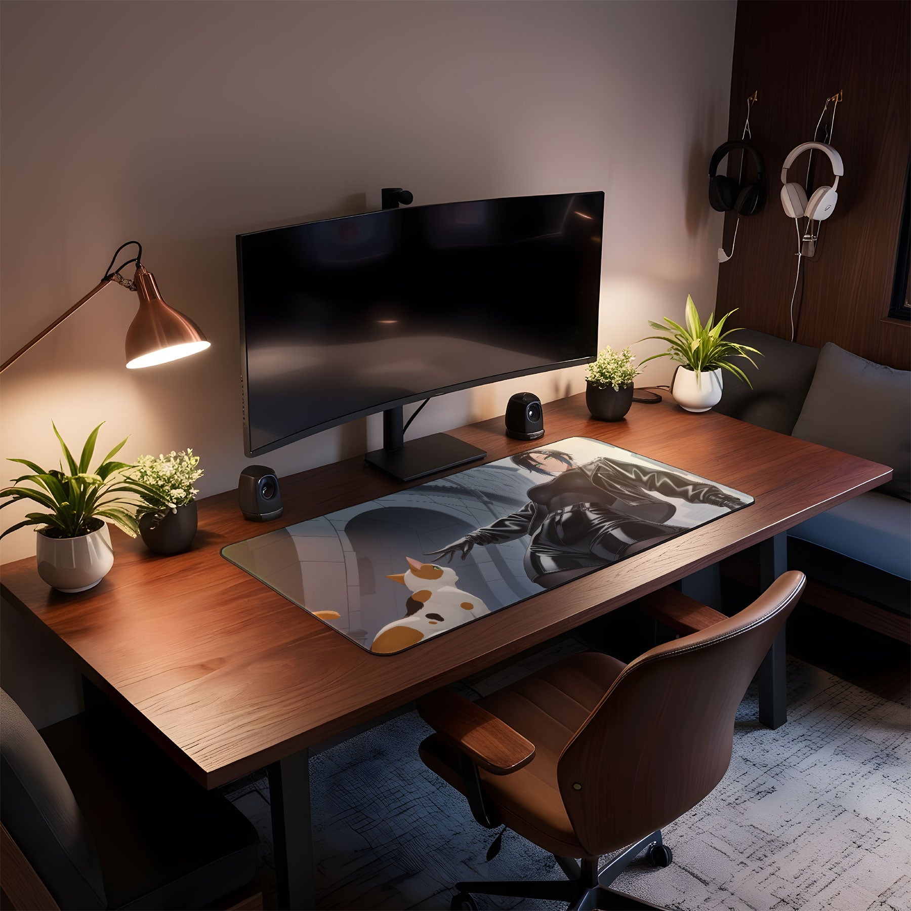 Modern home office setup with a desk, computer monitor, and decorative elements.