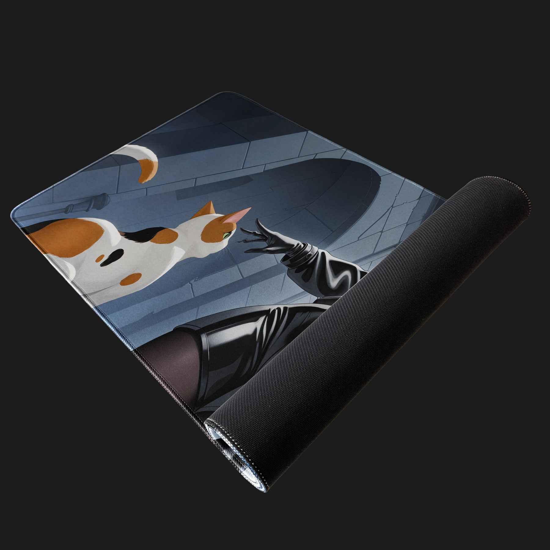 Cinematic anime desk mat with cat and cityscape