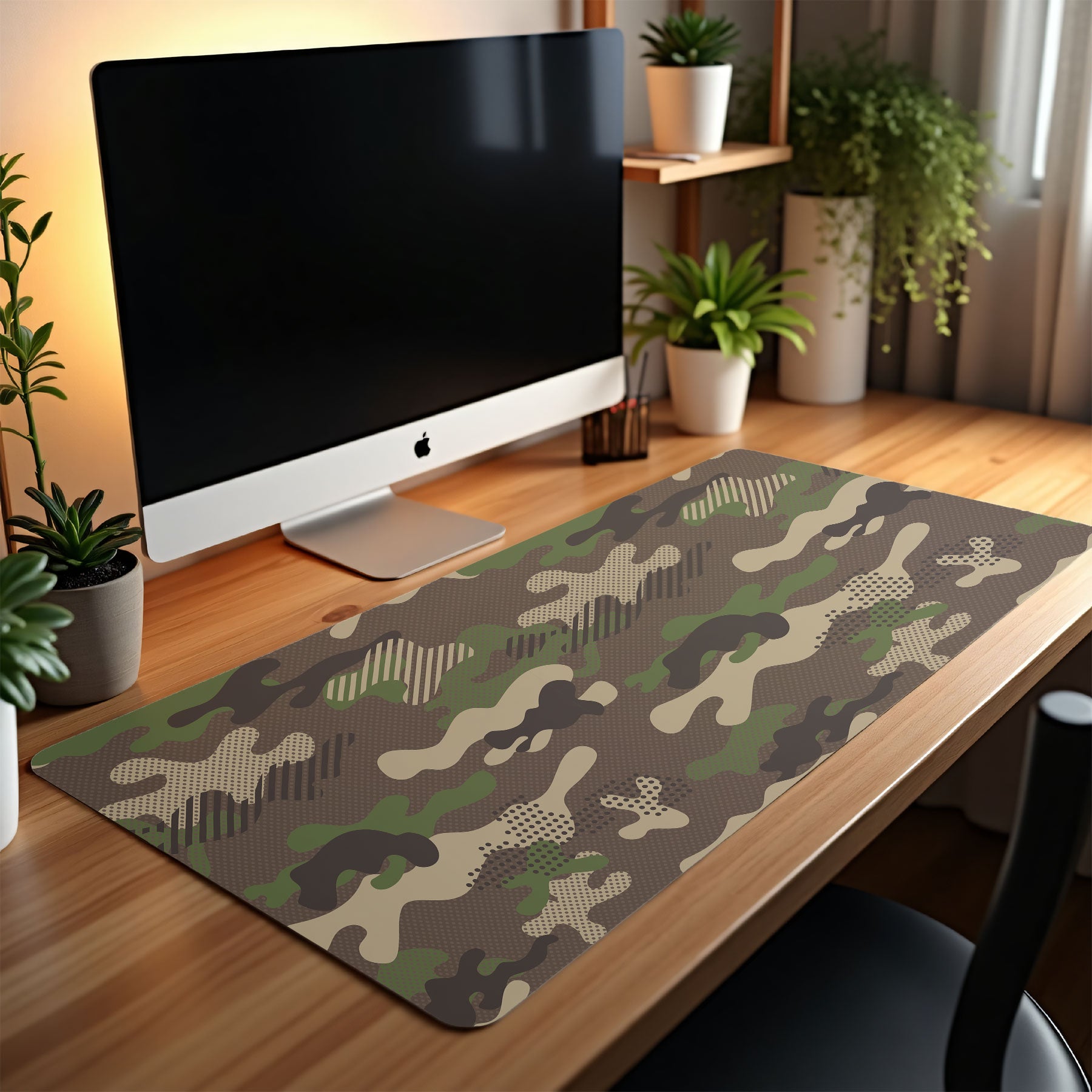 Camouflage desk mat on a wooden desk with a computer monitor and plants in the background