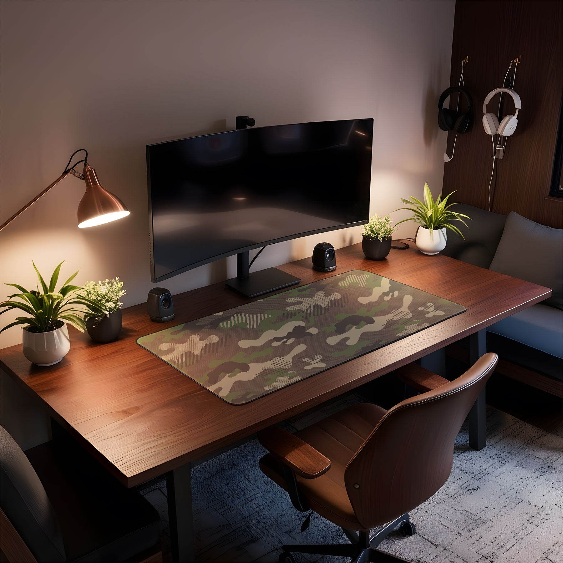 Wooden desk with computer setup, including a monitor, speakers, and a camouflage mouse pad.