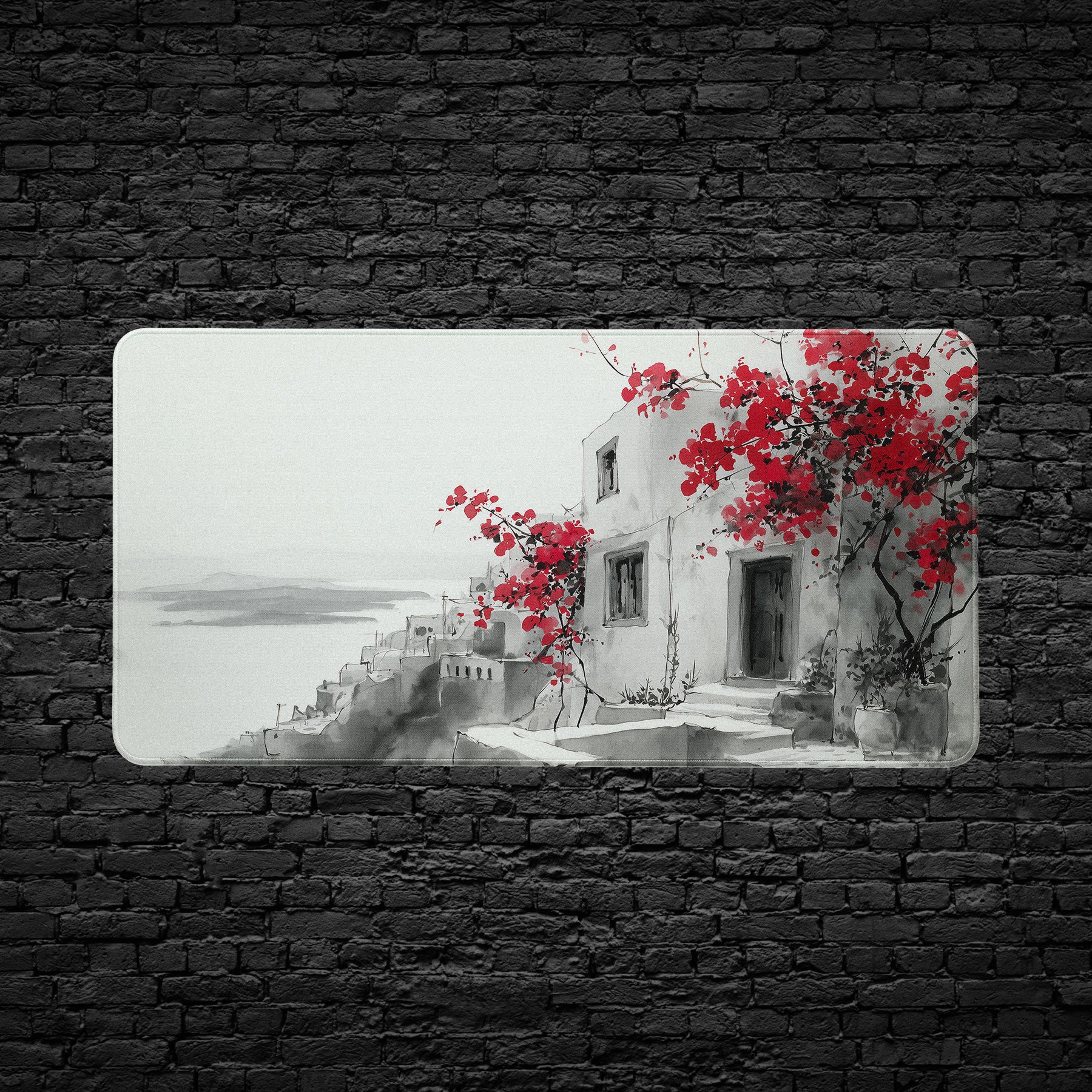 Black and white ink style mouse pad with floral accents