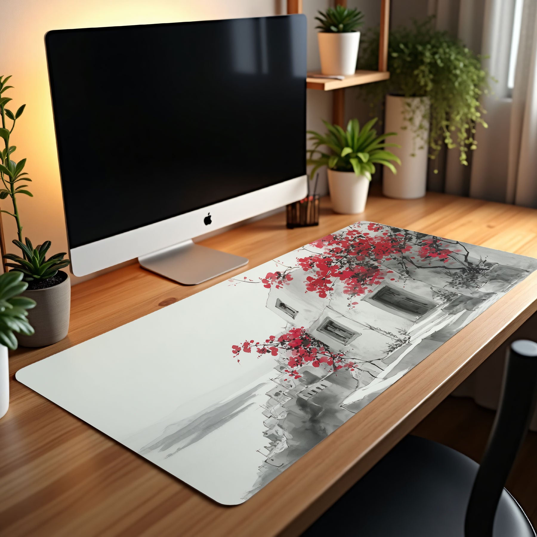 Desk setup with a computer monitor and decorative mouse pad featuring a floral design.