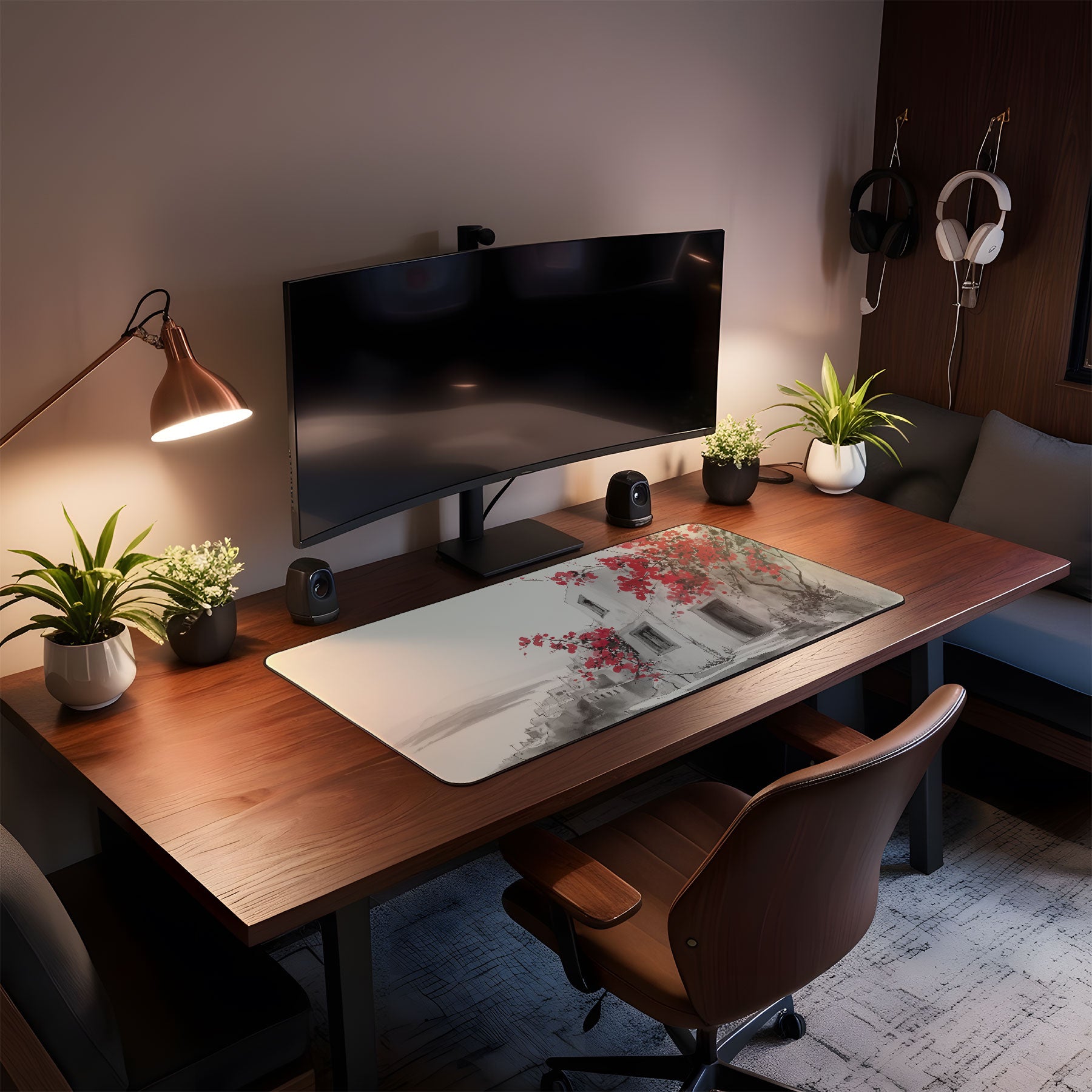 Wooden desk with computer setup, including a monitor, speakers, and decorative items, in a home office setting.