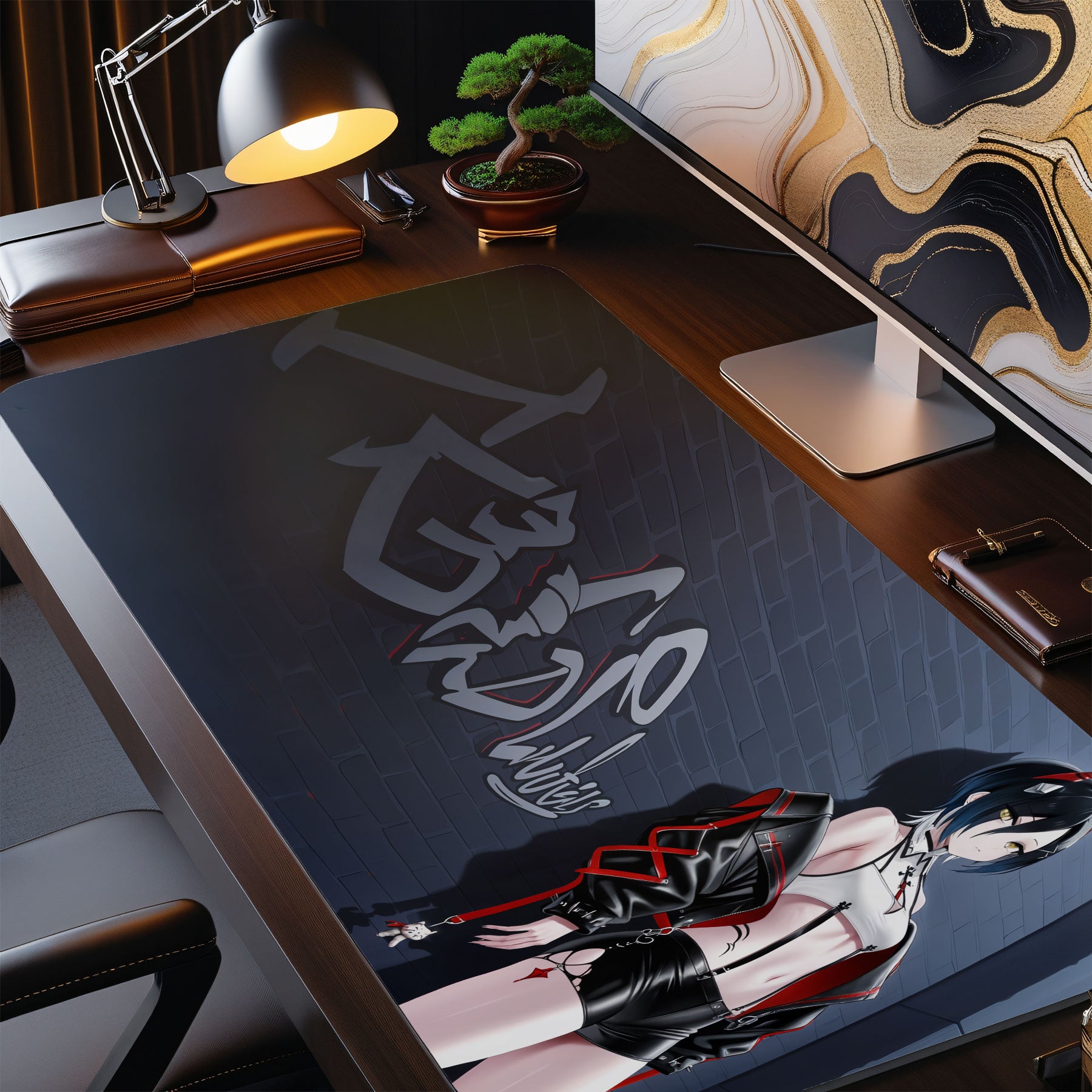 Desk setup with a large mouse pad featuring an anime character design.