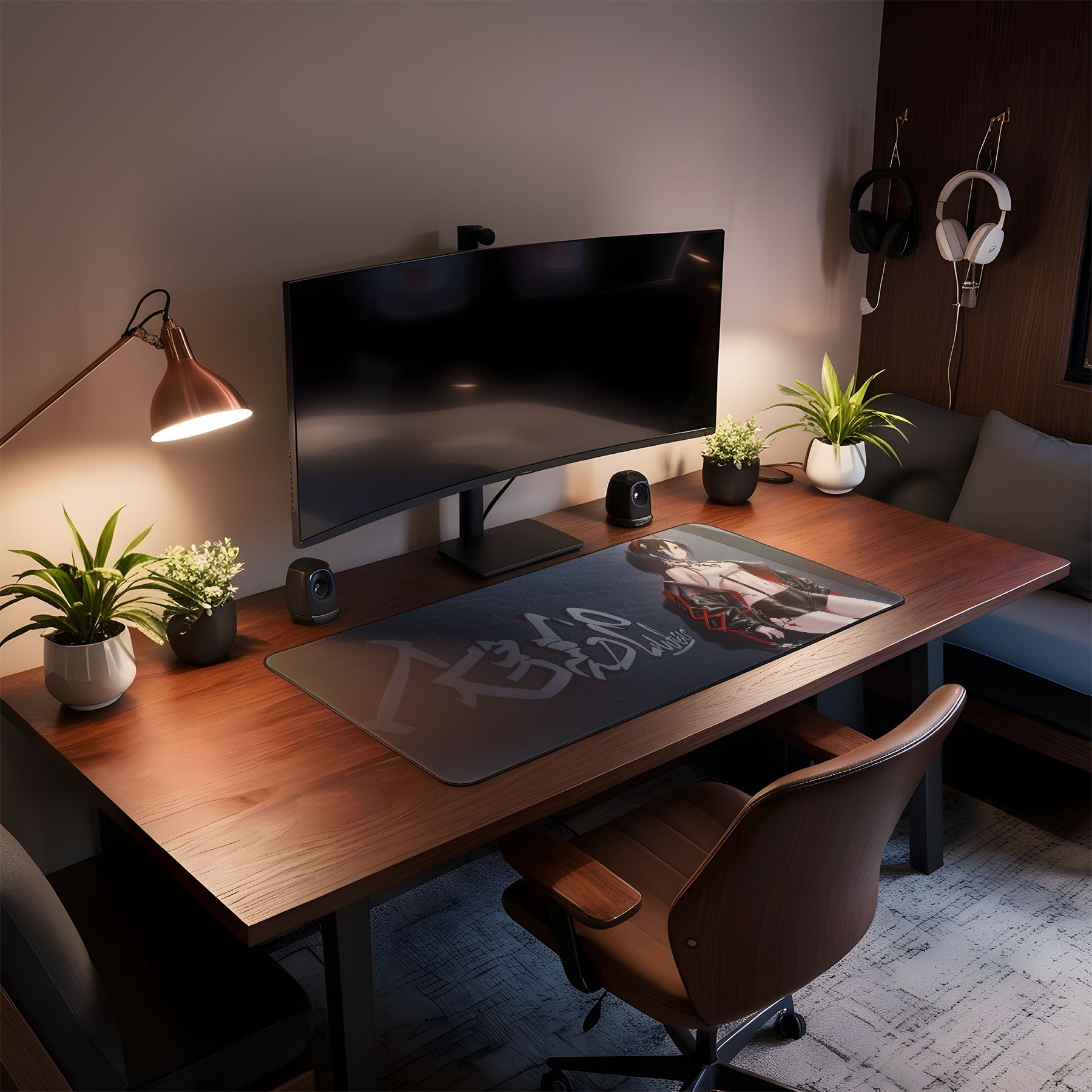 Modern home office setup with a desk, computer monitor, and chair.