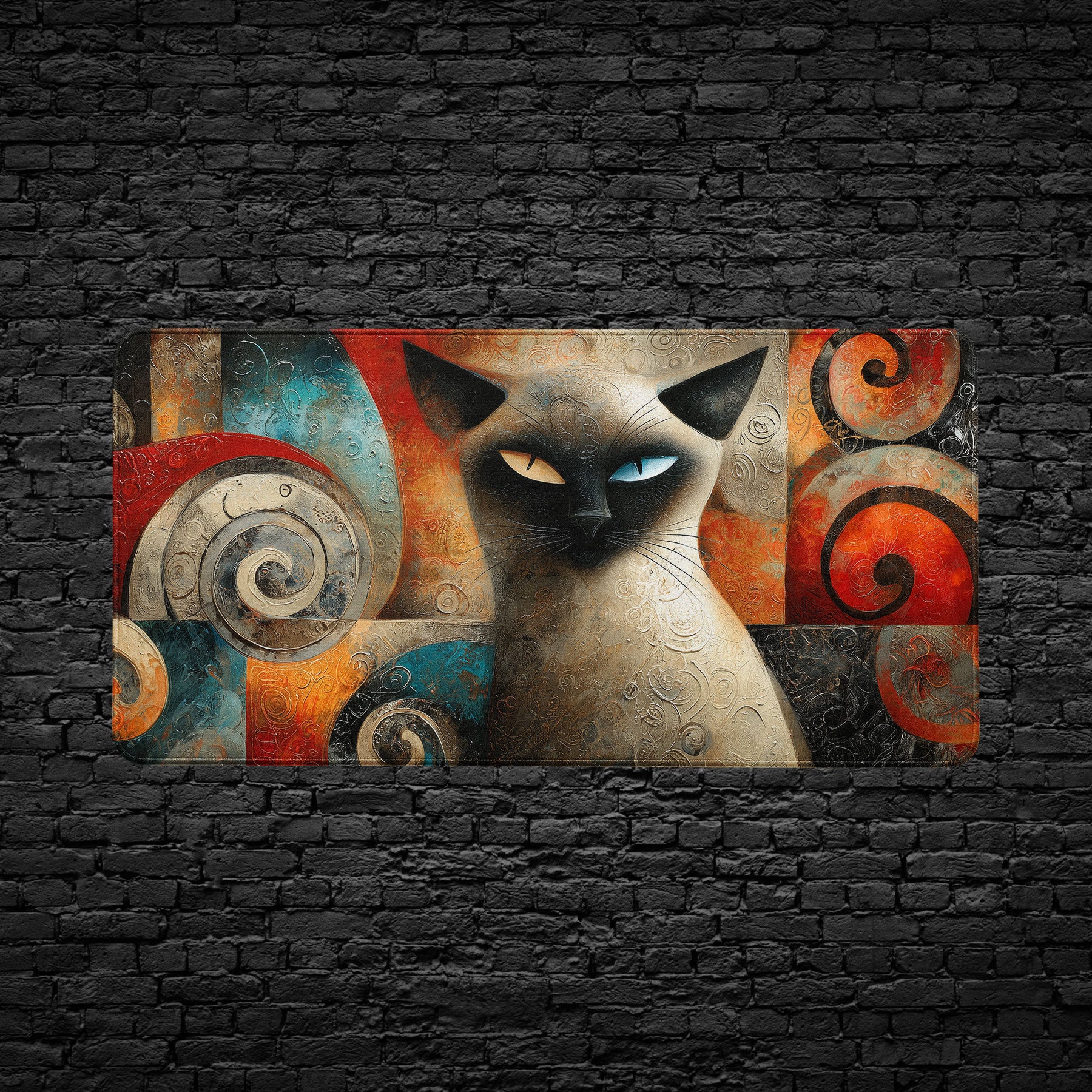 Abstract Siamese Cat Desk Mat – Colorful Swirl Pattern Art Mouse Pad