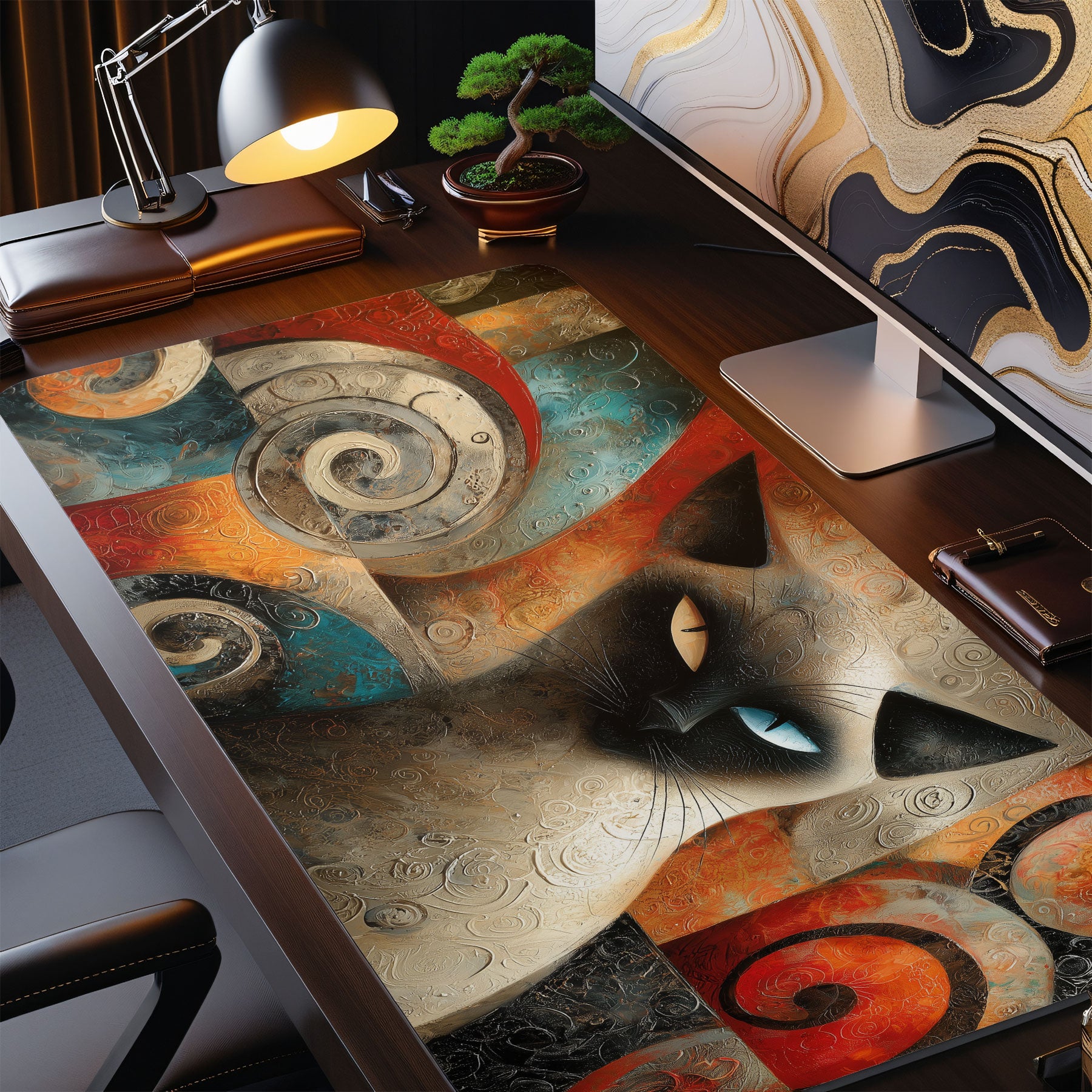 Abstract Siamese Cat Desk Mat – Colorful Swirl Pattern Art Mouse Pad