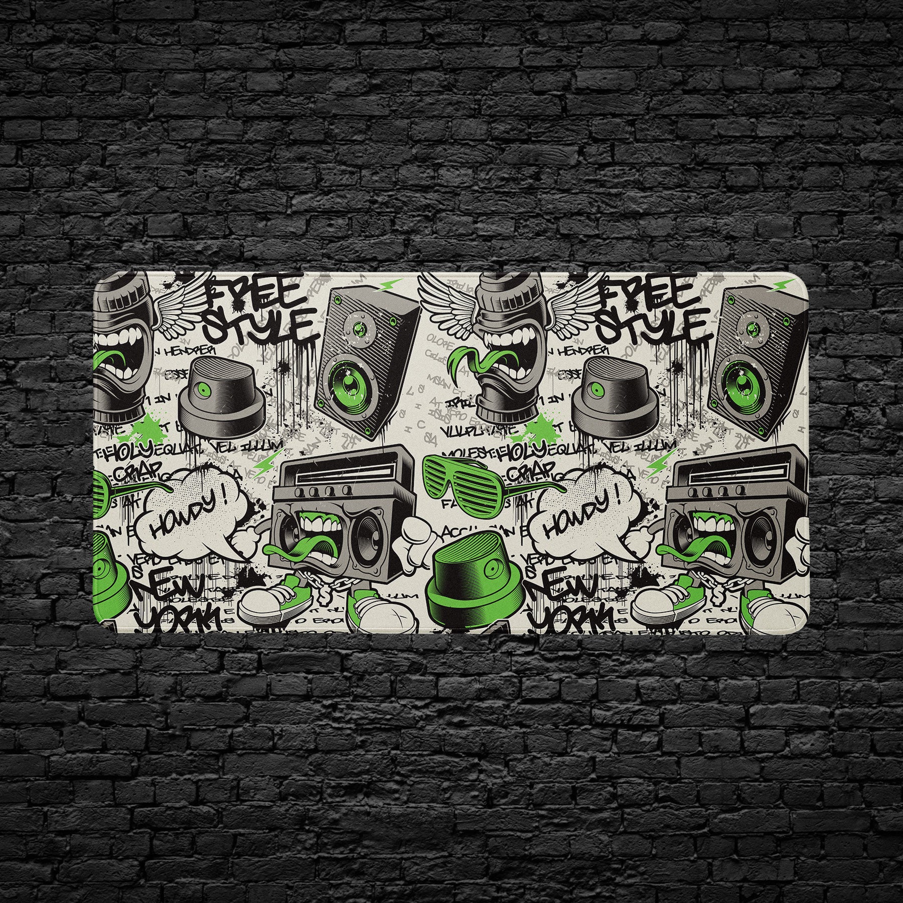 Extended desk mat featuring graffiti doodles and neon accents