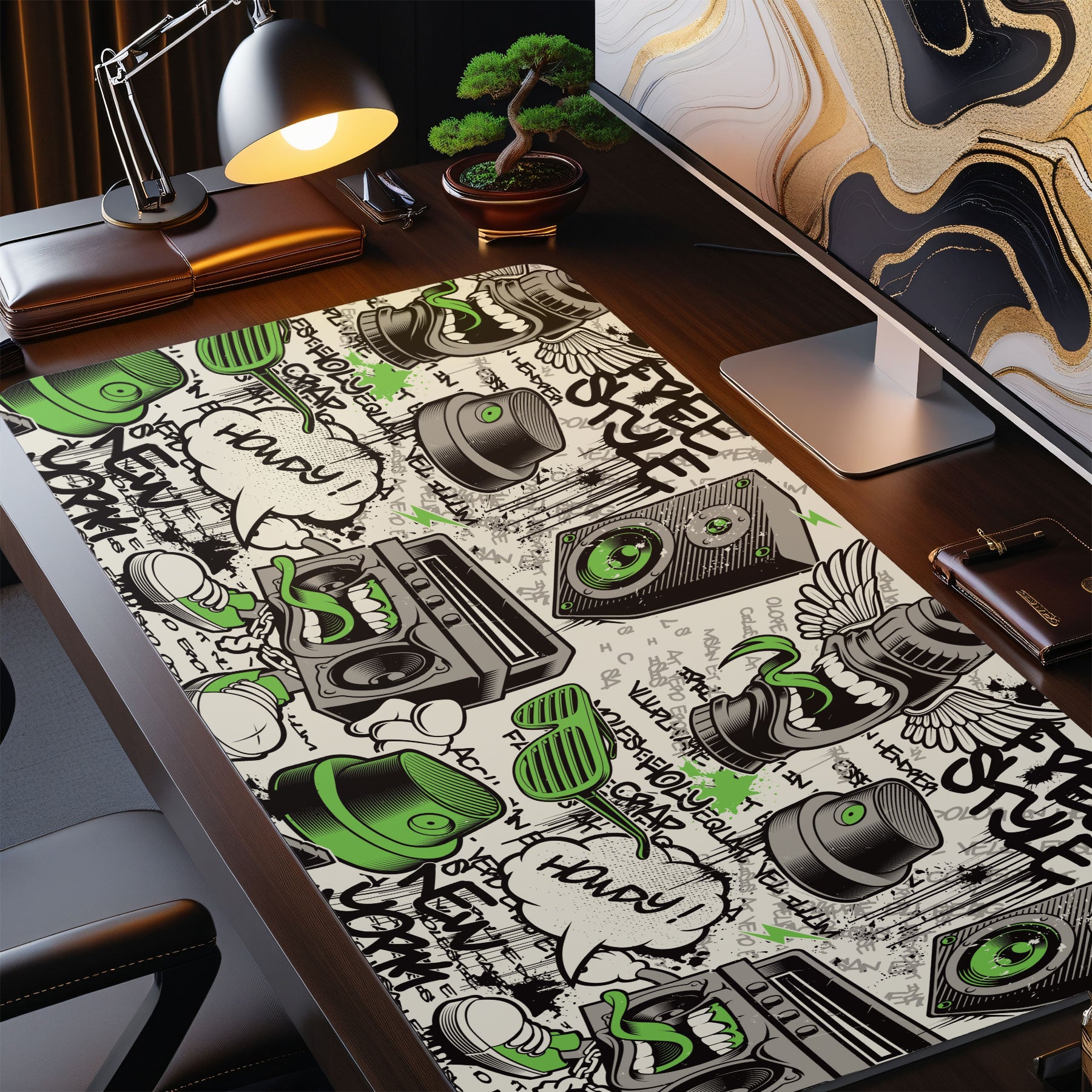 Desk setup with a decorative mouse pad featuring music-themed designs.