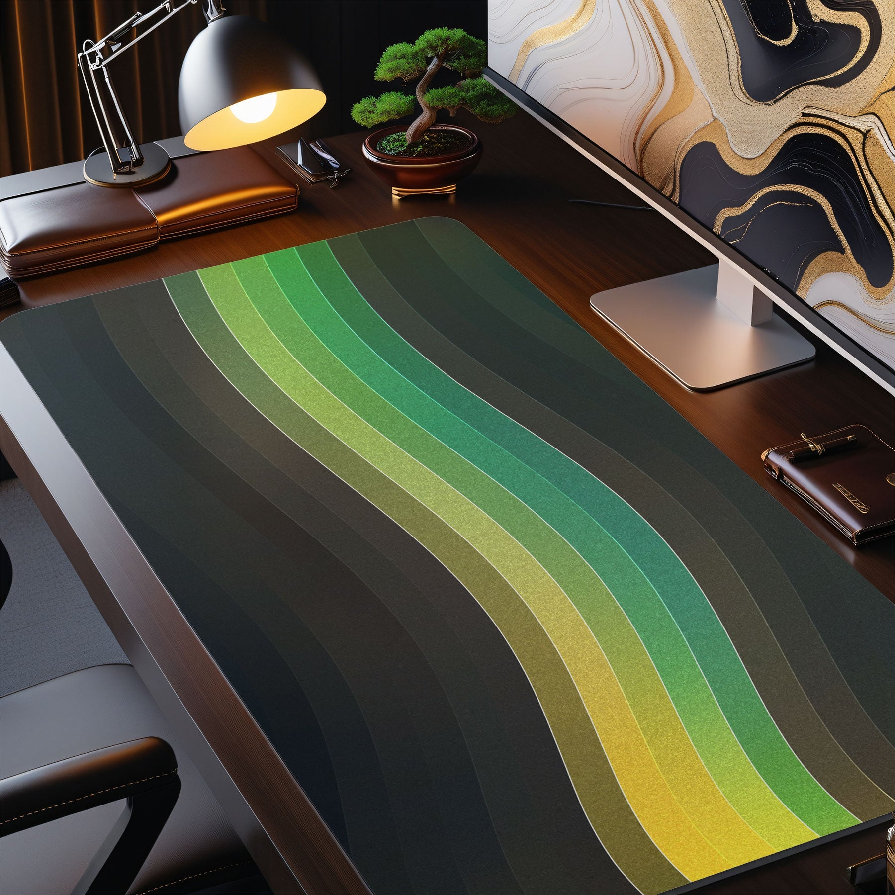 Desk with a colorful desk pad, lamp, and office items.