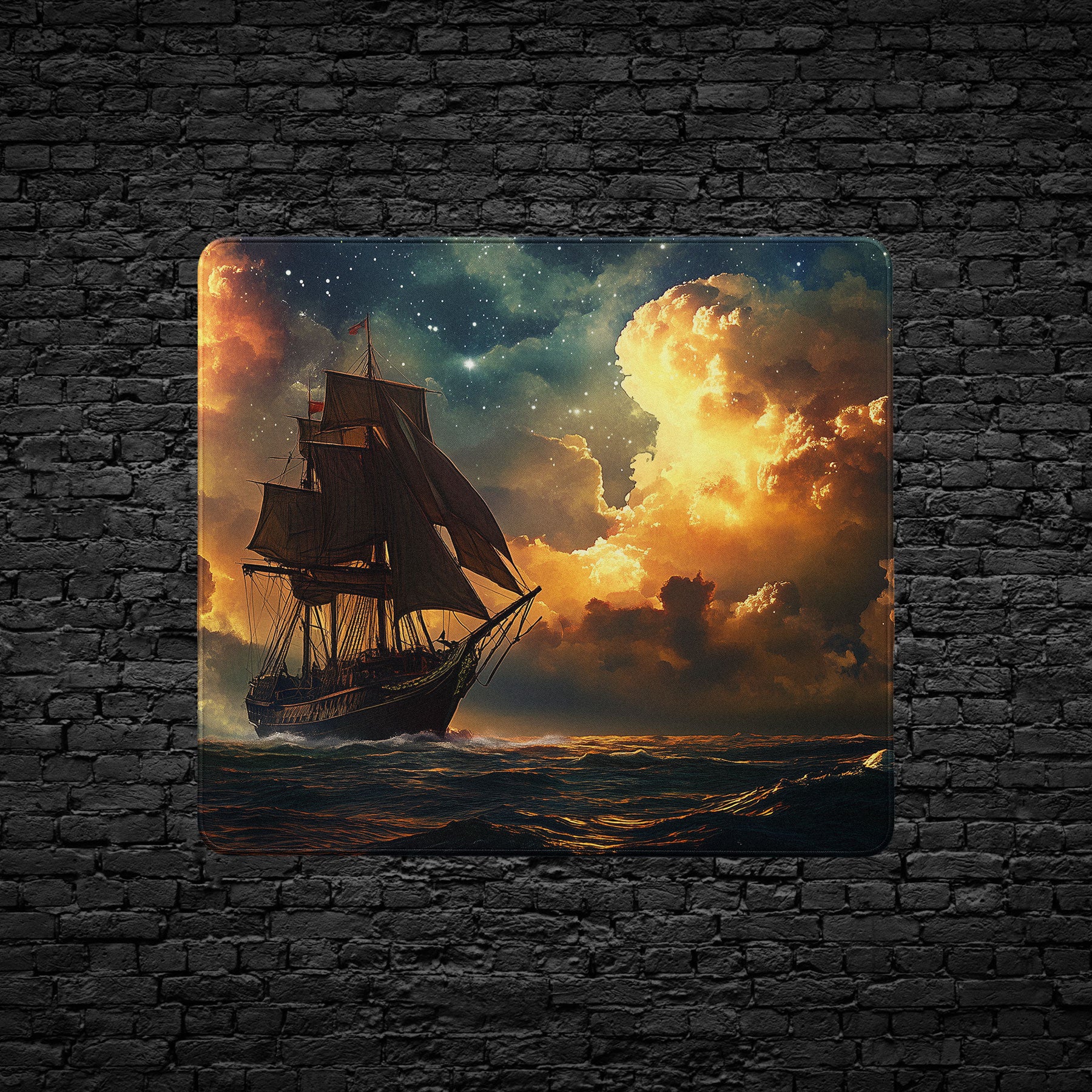 Majestic ship at night mouse pad with glowing storm clouds